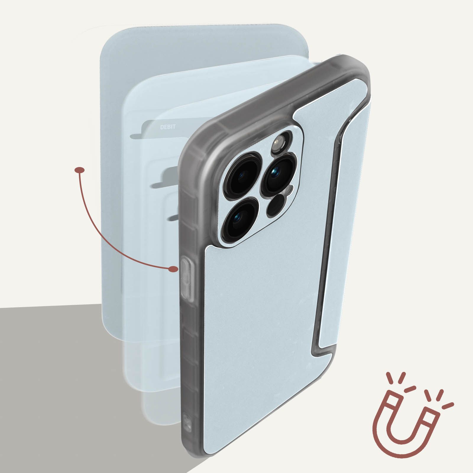 Handyhülle mit Kartenfach, transparent. Karten sind hinter dem Telefon sichtbar. In der Ecke ist ein Magnetsymbol.