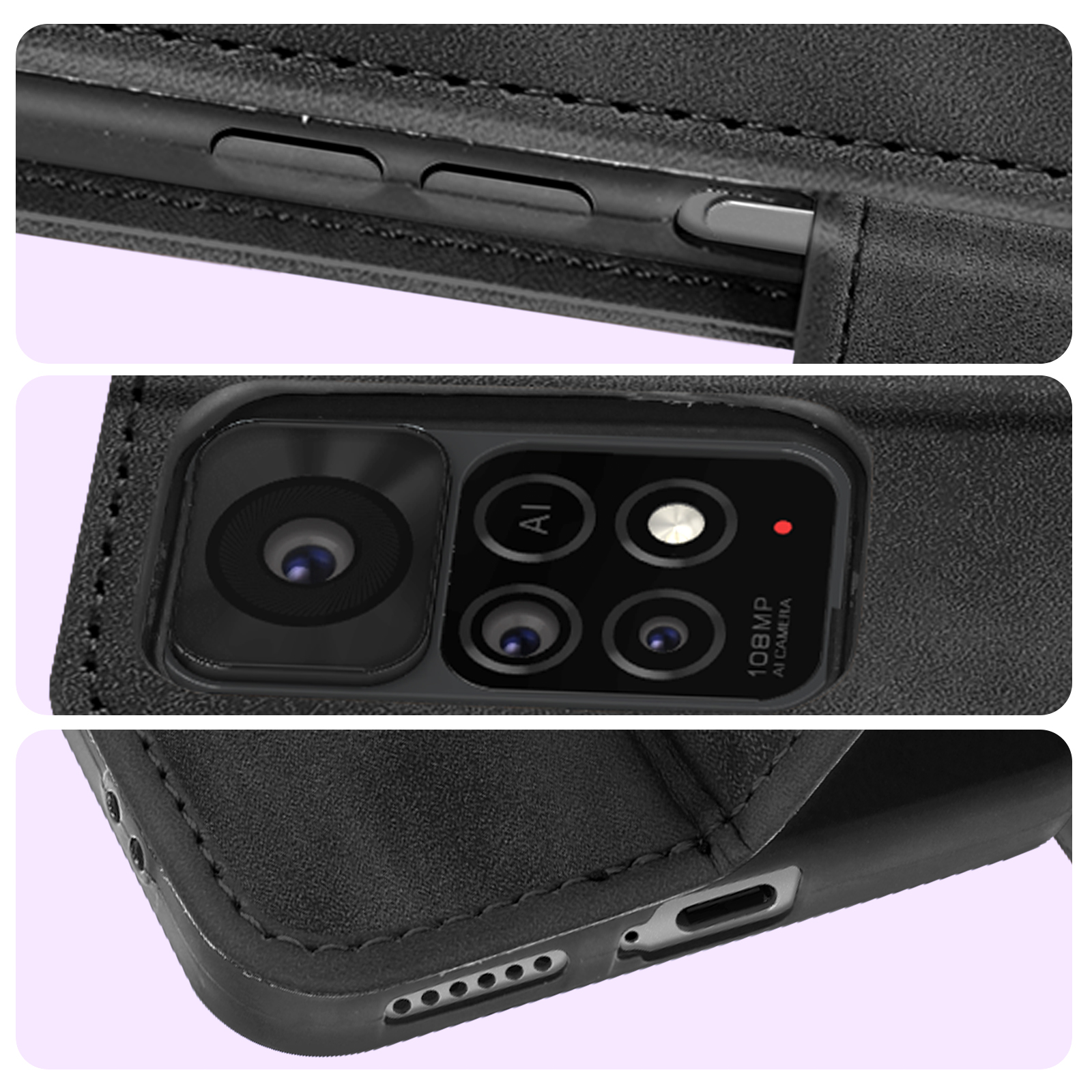 Un primo piano di una custodia per telefono con fotocamera e pulsanti è visibile.