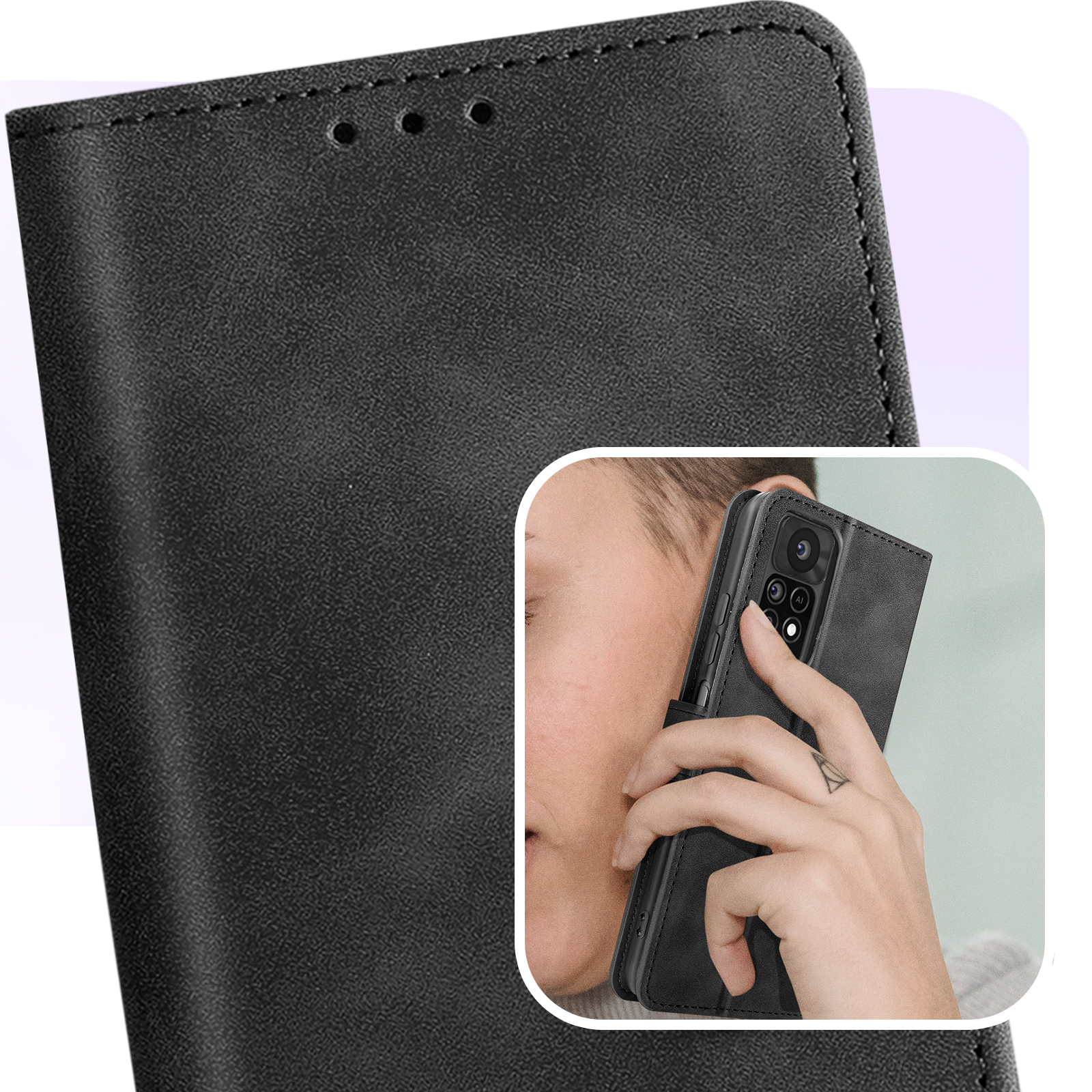 Custodia nera per telefono, primo piano di una donna che tiene il telefono, telefono visibile.