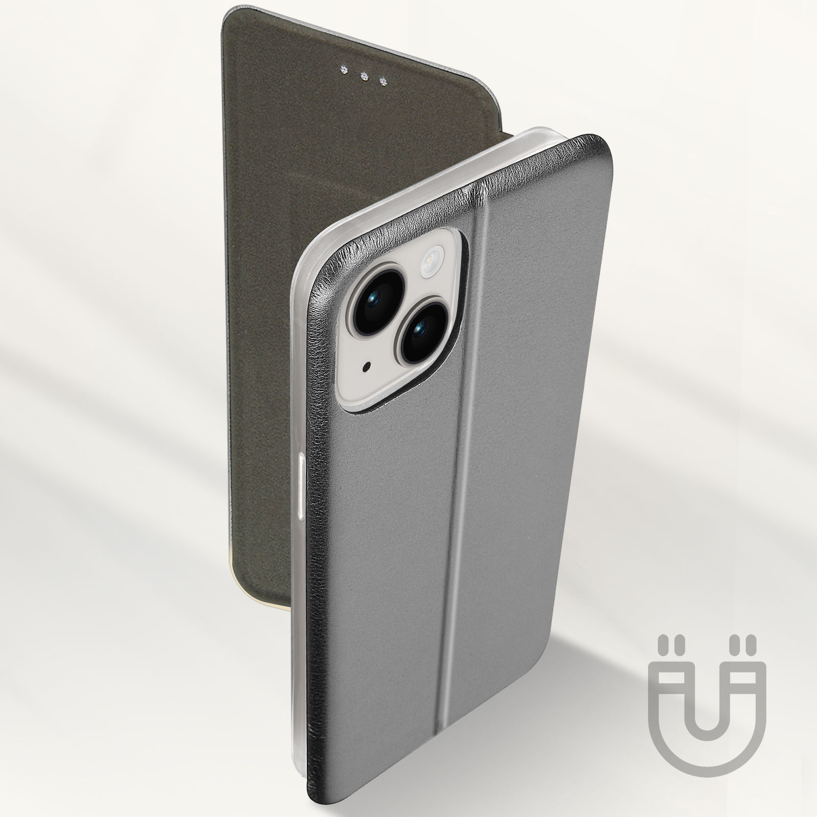 Custodia grigia, chiusura magnetica. Aperta per mostrare il telefono. Sfondo bianco.