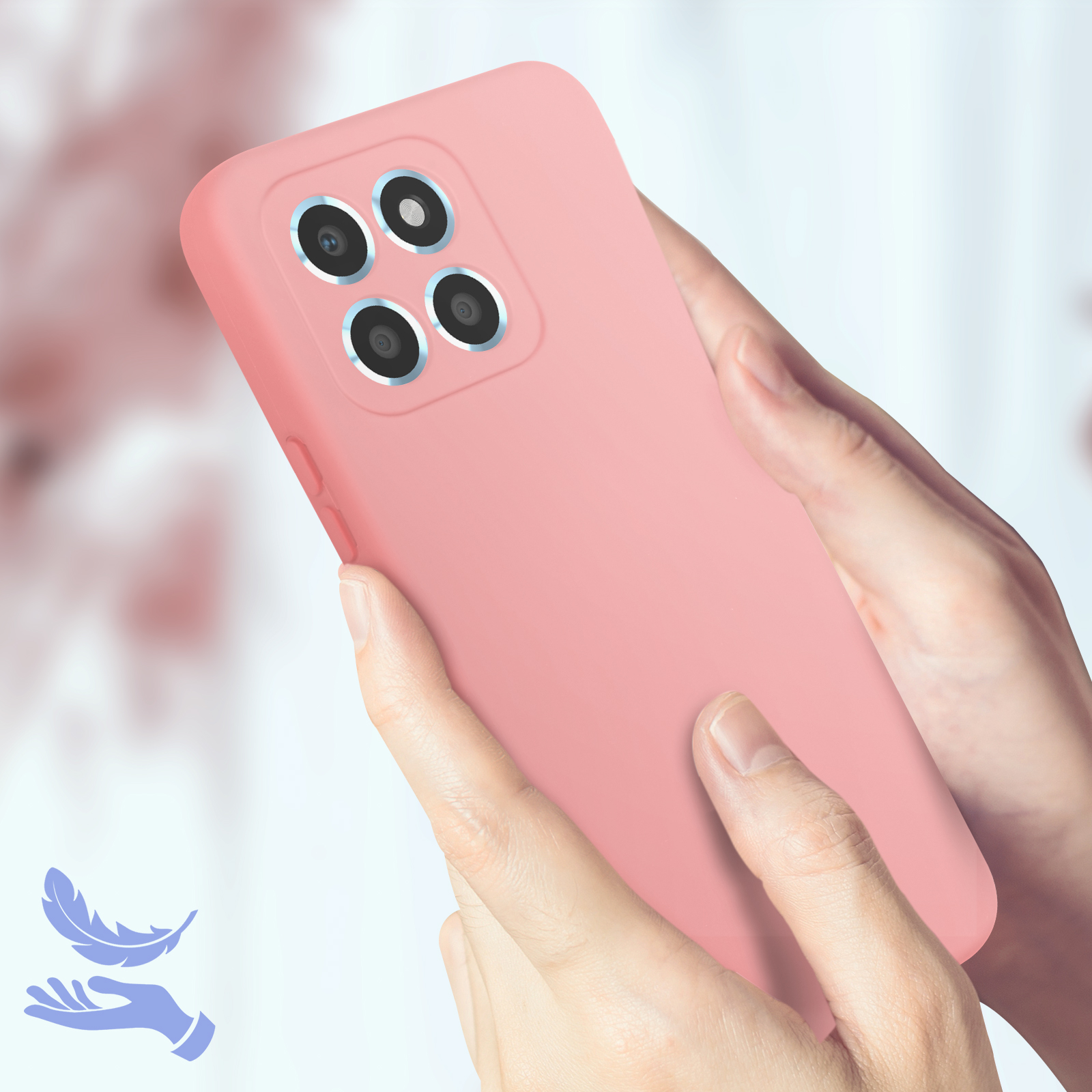 Mains tenant une coque de téléphone rose. Une plume et deux icônes de mains sont visibles.