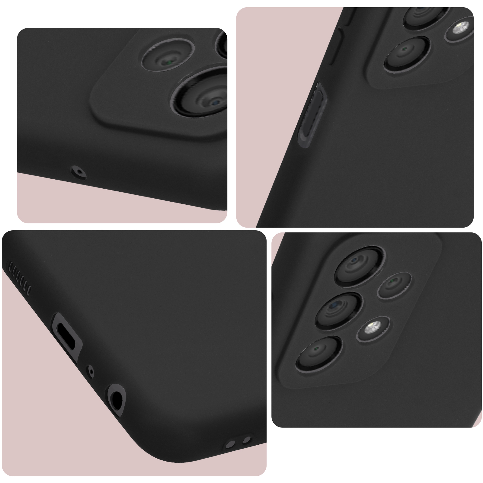 Close-up van een zwarte telefoonhoes met meerdere camera-uitsparingen. Er worden meerdere hoeken getoond.