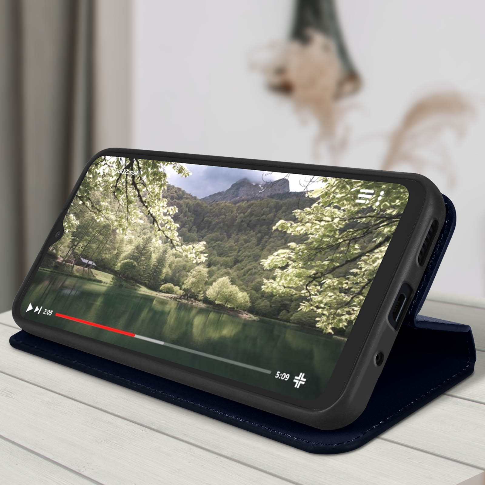 Un telefono mostra un video del lago. Il telefono è in una custodia blu su un tavolo di legno.