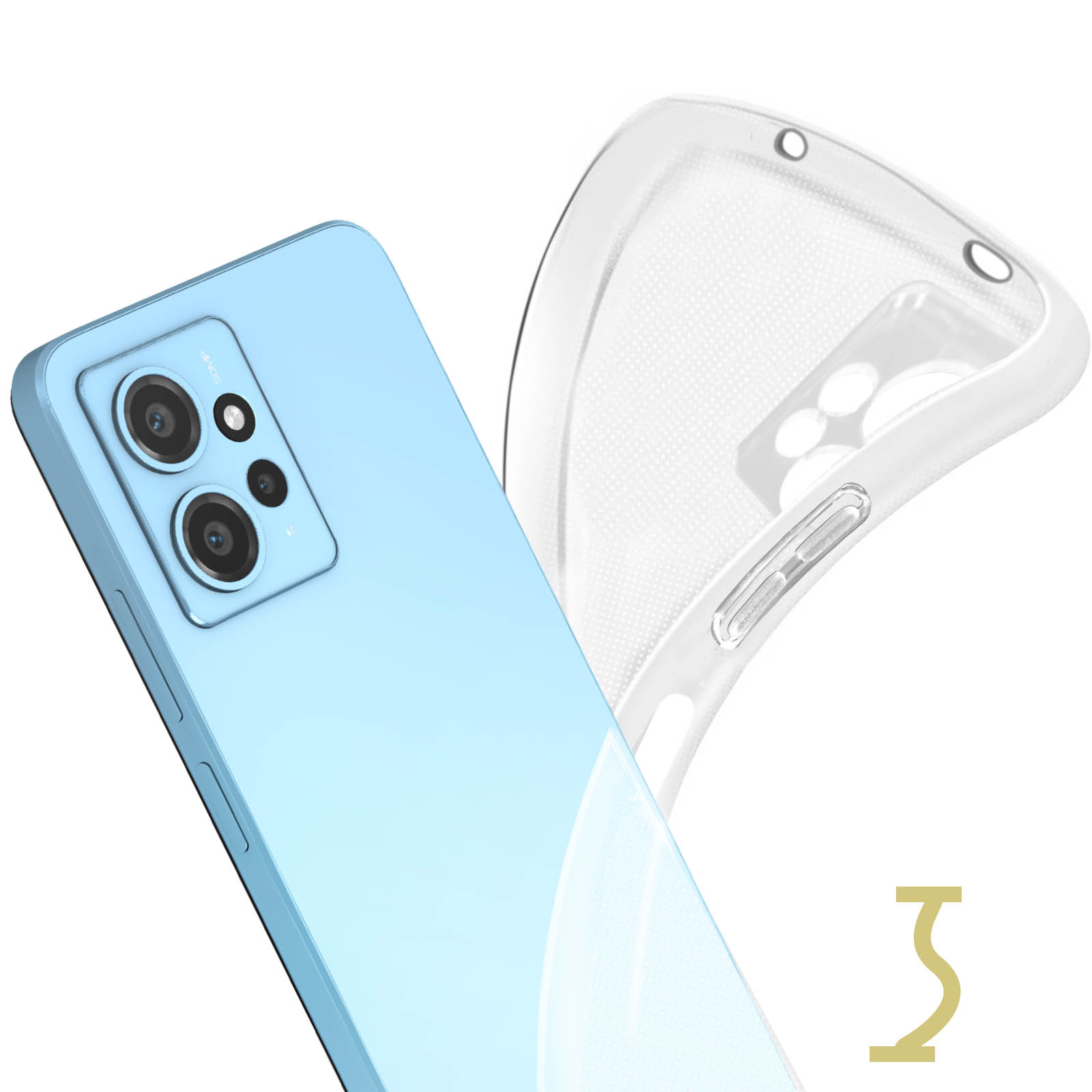 Telefono blu con custodia trasparente. La custodia è separata. Una forma dorata in basso.