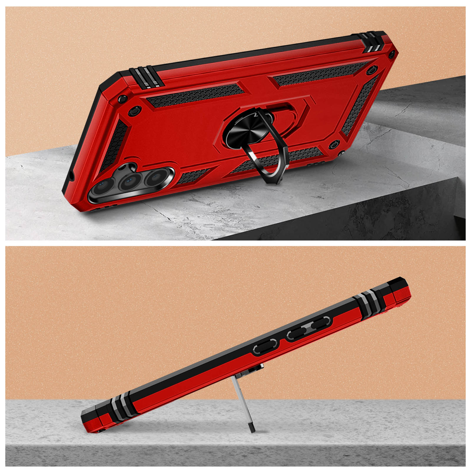 Une coque de téléphone rouge avec béquille, présentée sous deux angles. Elle a un anneau pour tenir et protéger.