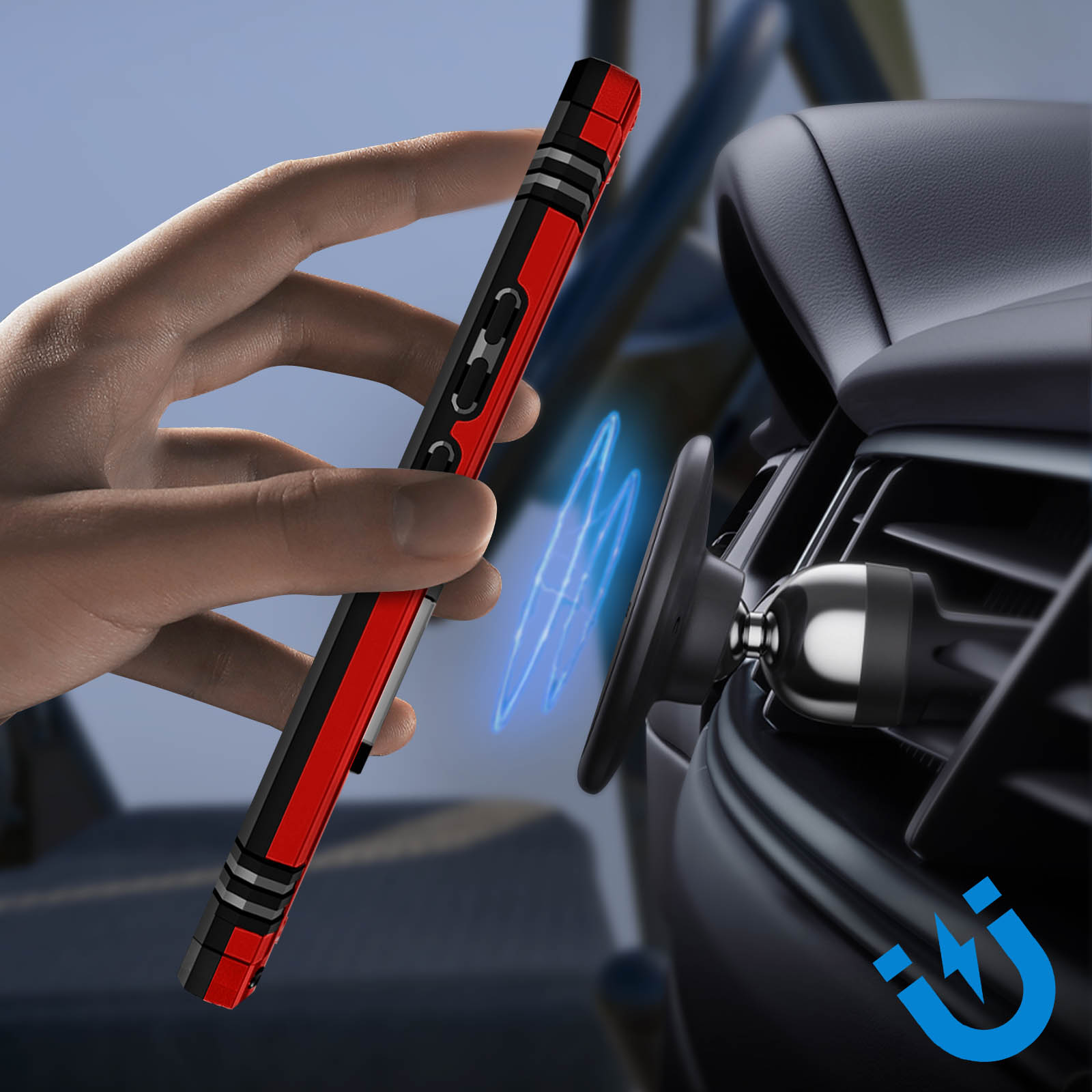 Coque de téléphone rouge et noire en main, support magnétique de voiture. Champ de force bleu.