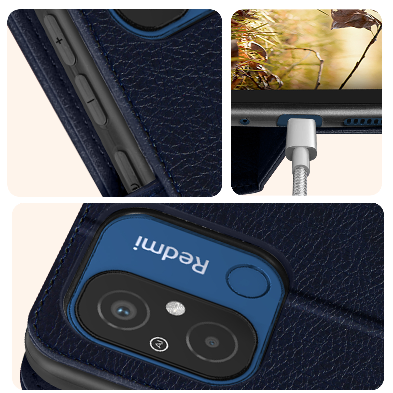 Custodia per telefono con texture in pelle blu. Il telefono è parzialmente visibile, in carica.