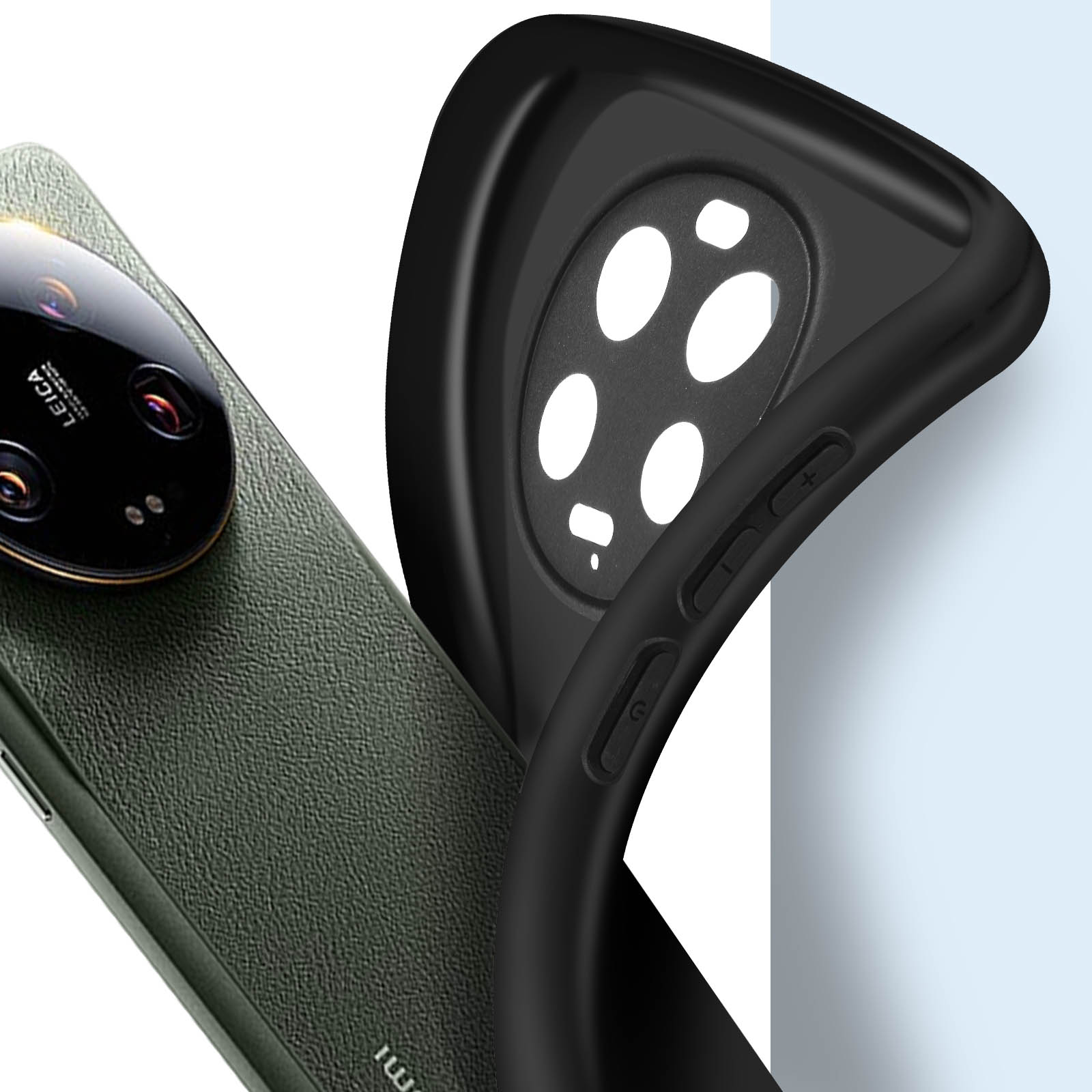 Custodia nera per telefono con un telefono all'interno. La parte posteriore ha tre ritagli per la fotocamera. Il telefono è verde.