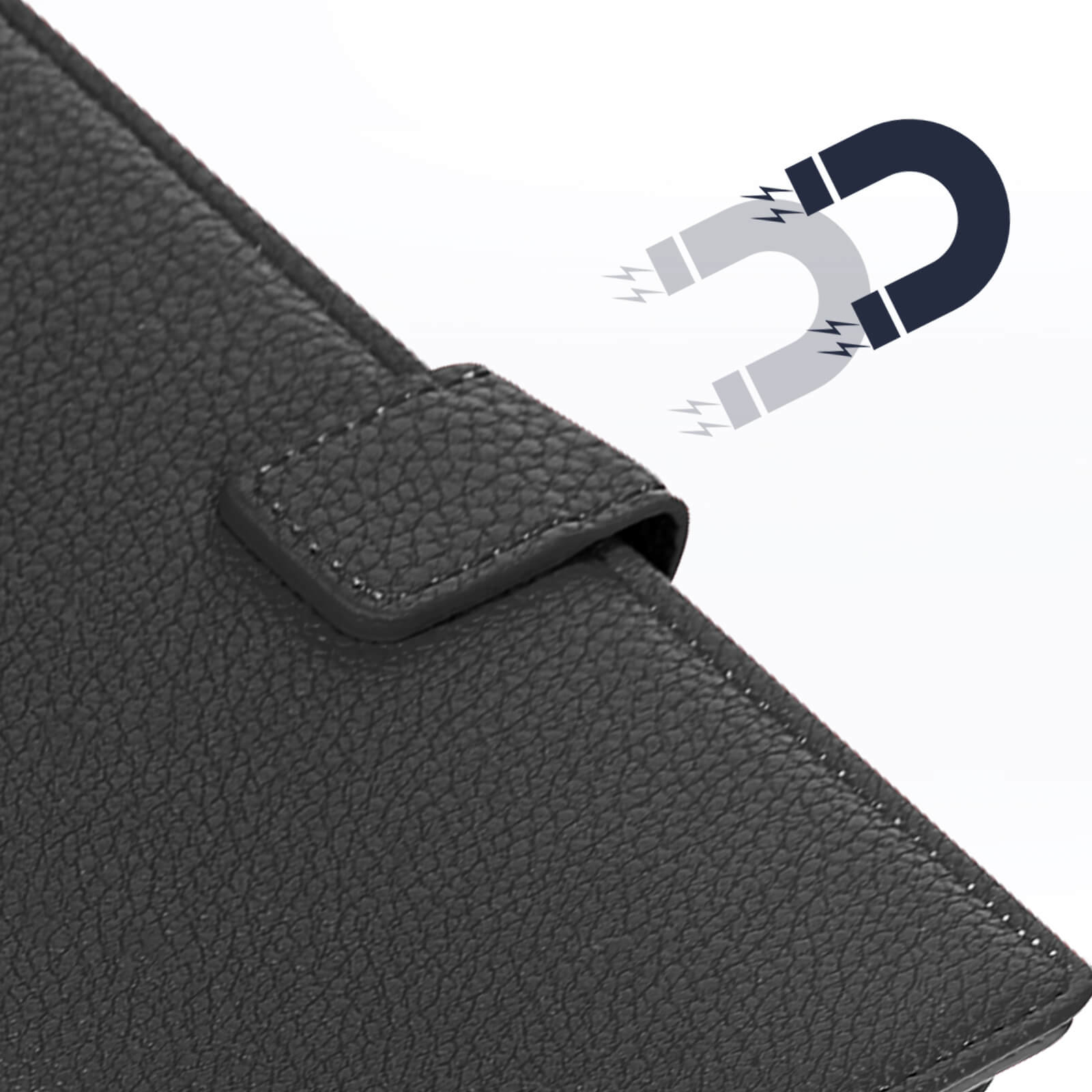 Custodia per telefono in pelle nera con un'icona a magnete.