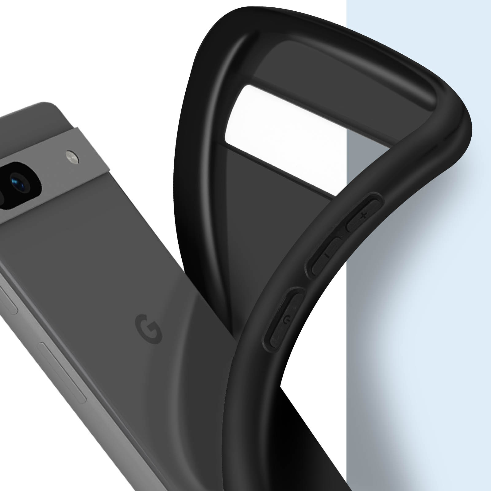 Zwarte telefoonhoes met het camera-ontwerp en volumeknoppen.