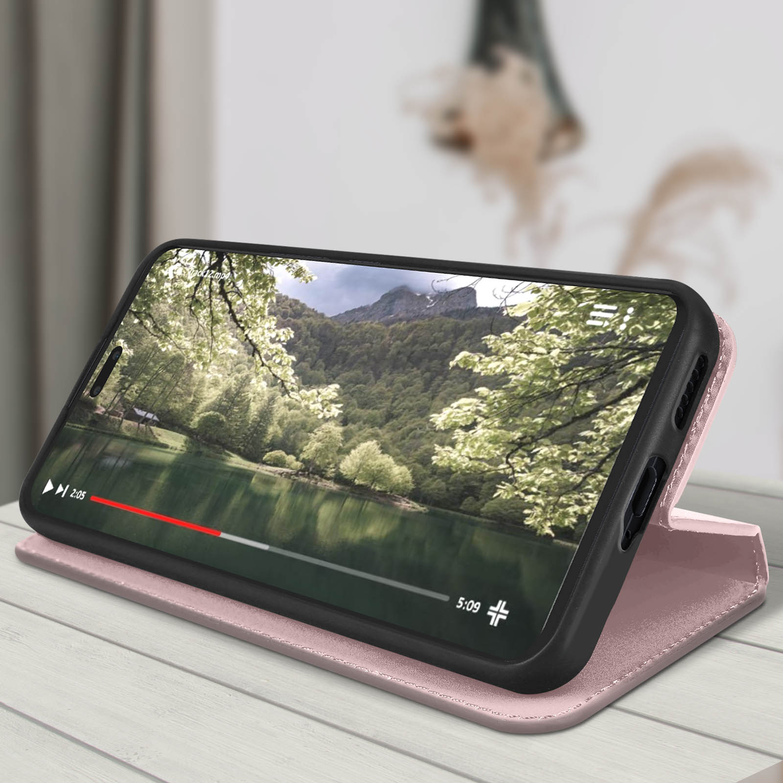 Telefono in custodia rosa che mostra un video. Scena paesaggistica sullo schermo.