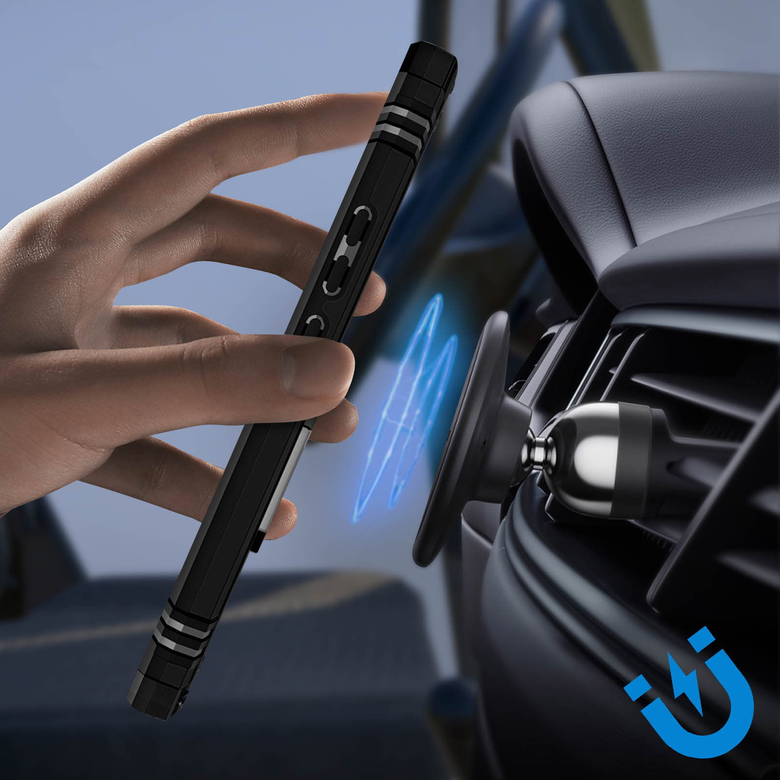 Een hand die een telefoonhoesje vasthoudt bij een ventilatieopening van de auto. Blauwe magnetische golven worden getoond bij een magneeticoon.