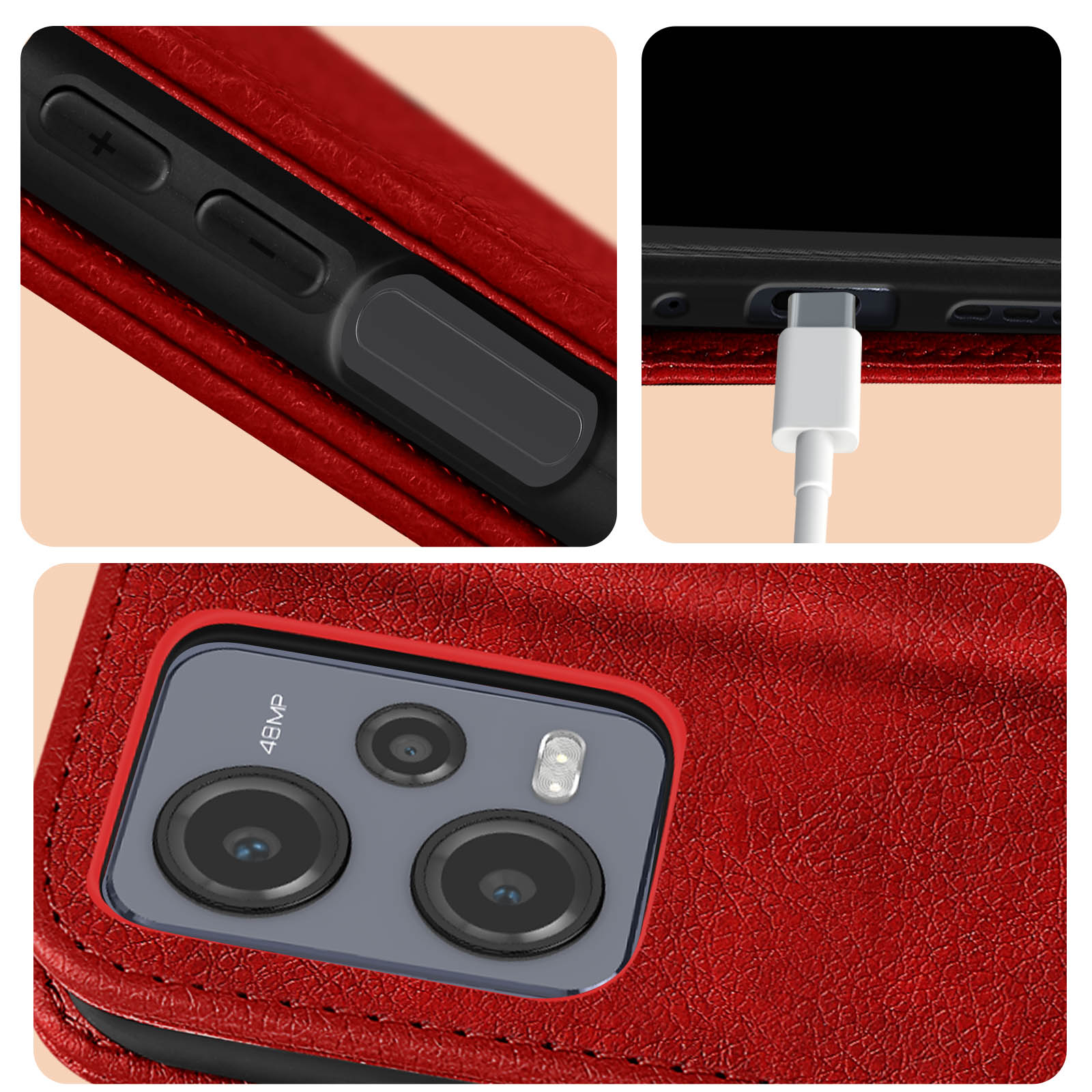 Custodia rossa per telefono con pulsanti e dettagli della fotocamera. Porta di ricarica e dettagli della fotocamera. Primo piano.