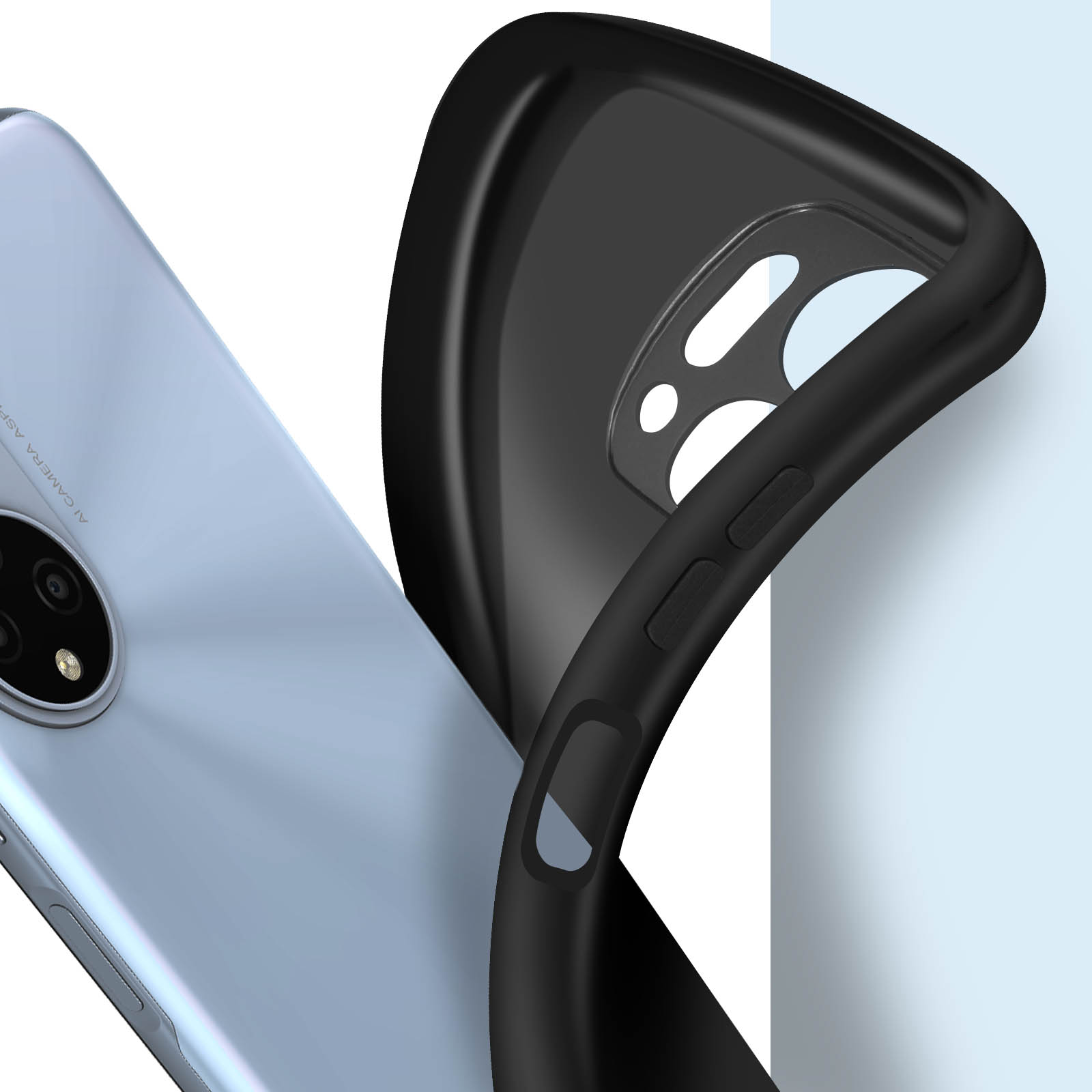 Telefon mit schwarzer Hülle. Auf der rechten Seite befindet sich eine schwarze Hülle. Das Telefon befindet sich links.