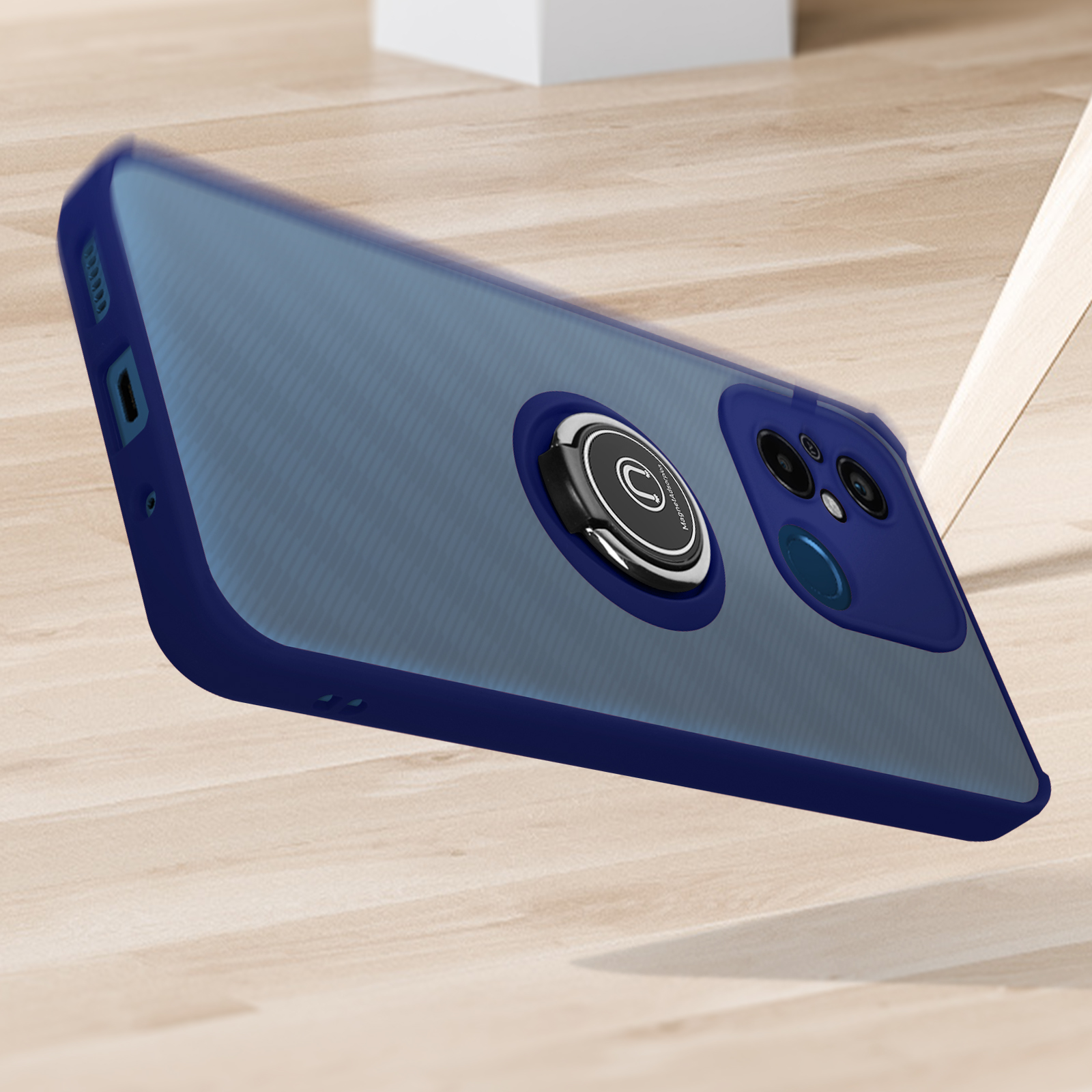 Custodia blu e grigia per telefono con supporto ad anello. Il telefono poggia su una superficie di legno.