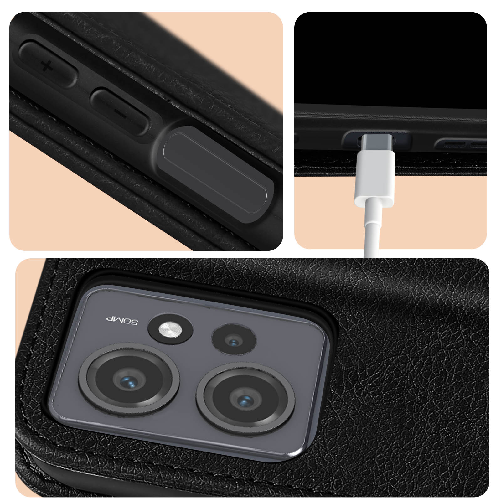 Primi piani di una custodia per telefono nera. Mostra pulsanti, porta USB e obiettivi della fotocamera. Texture nera e pelle.
