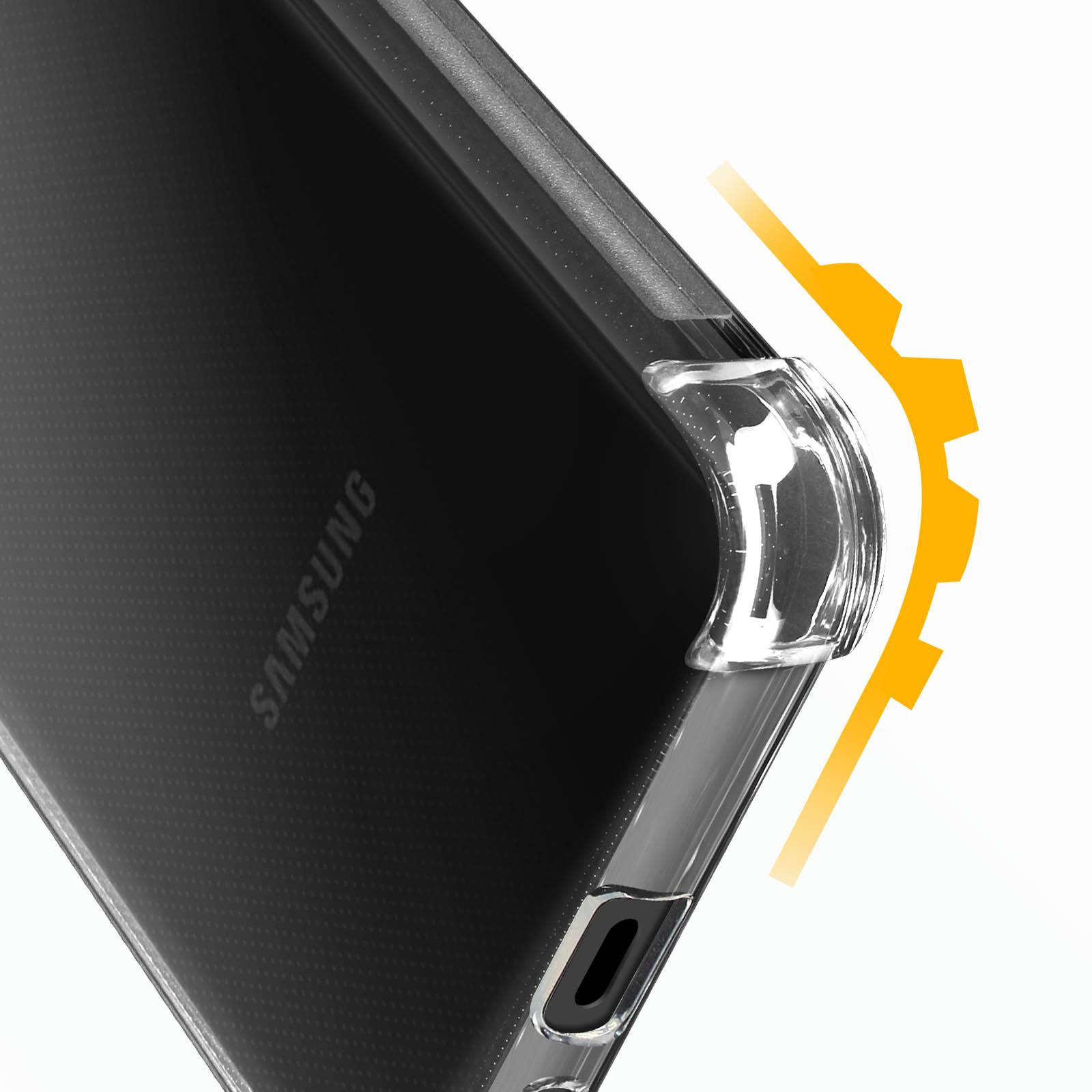 Una custodia per telefono con un design trasparente. La custodia del telefono è su uno sfondo bianco. Il logo Samsung è visibile.