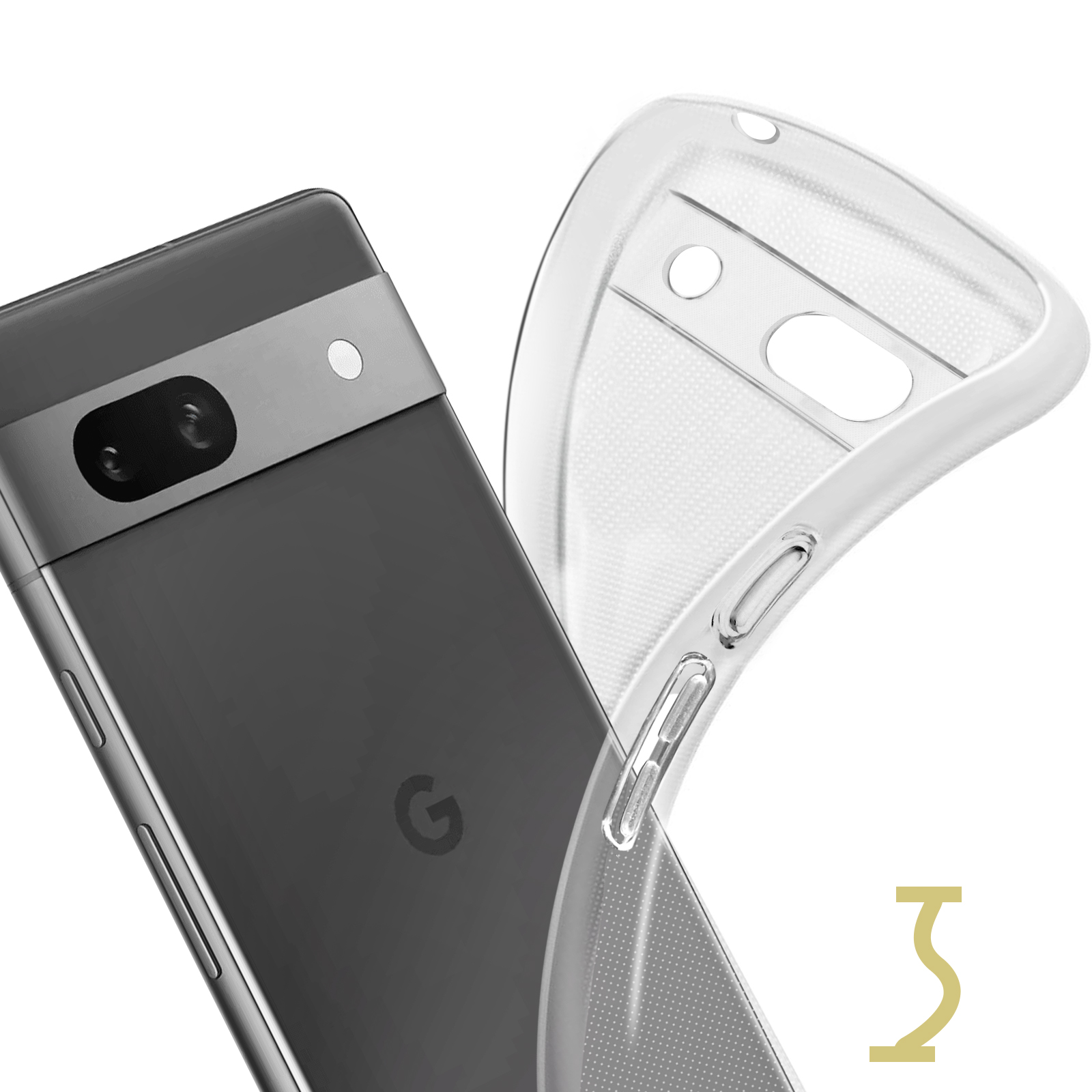 Een telefoon en een doorzichtige hoes. De telefoon is zwart en heeft een camera-uitstulping.