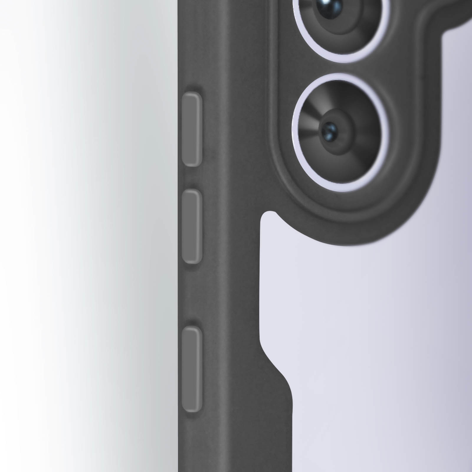 Custodia nera con dettagli fotocamera. La fotocamera è visibile con un primo piano.