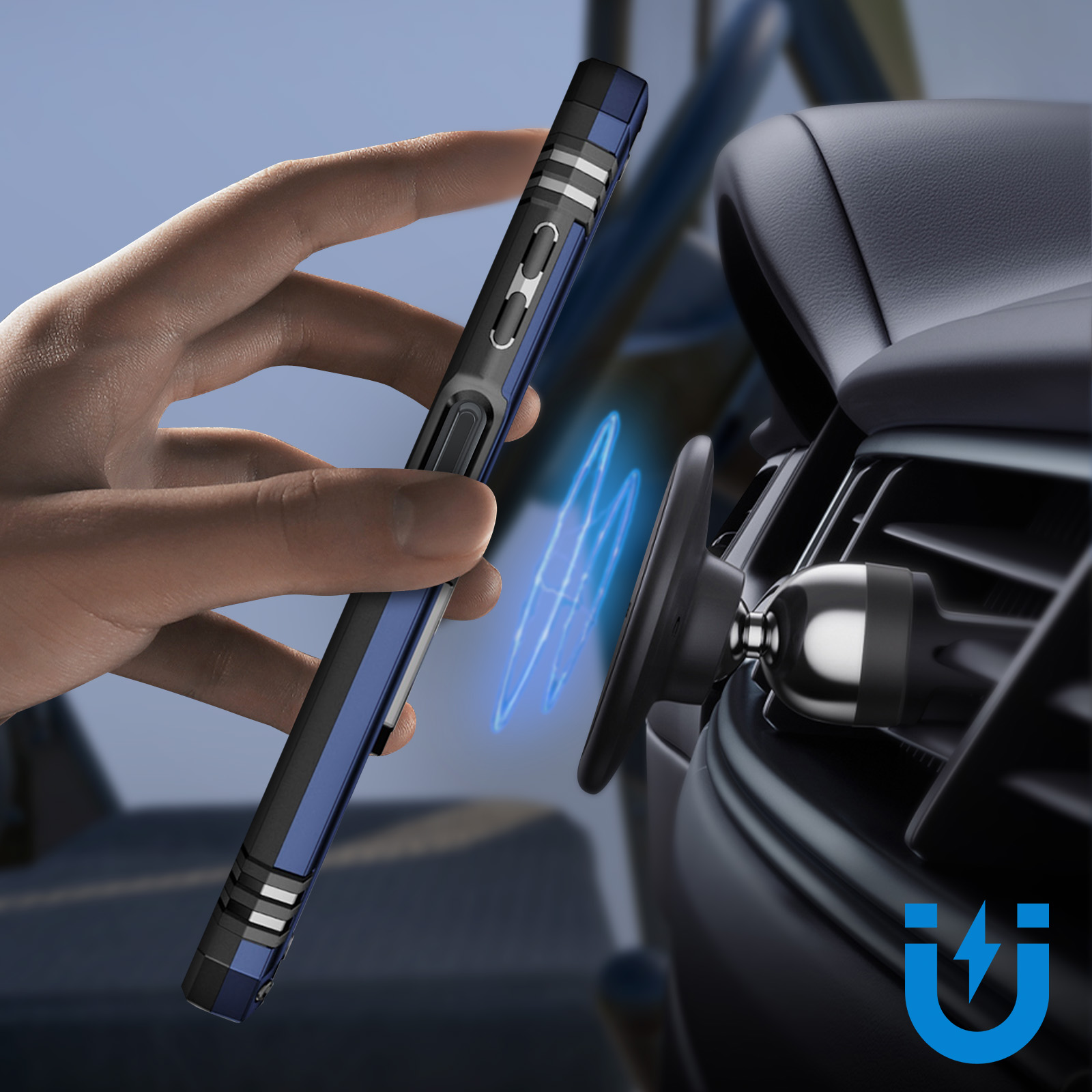 Una mano che tiene una custodia blu e nera vicino a una bocchetta dell'auto con un supporto magnetico.