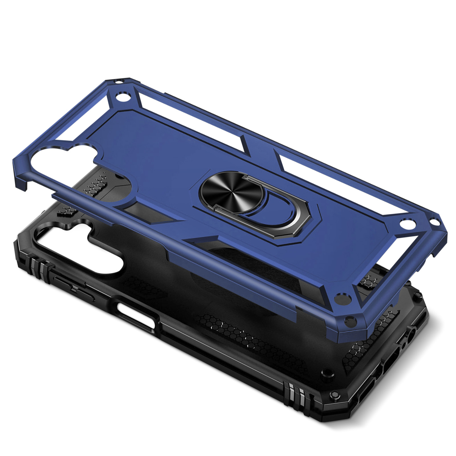 Una custodia per telefono blu e nera in due parti, con supporto ad anello e design strutturato.