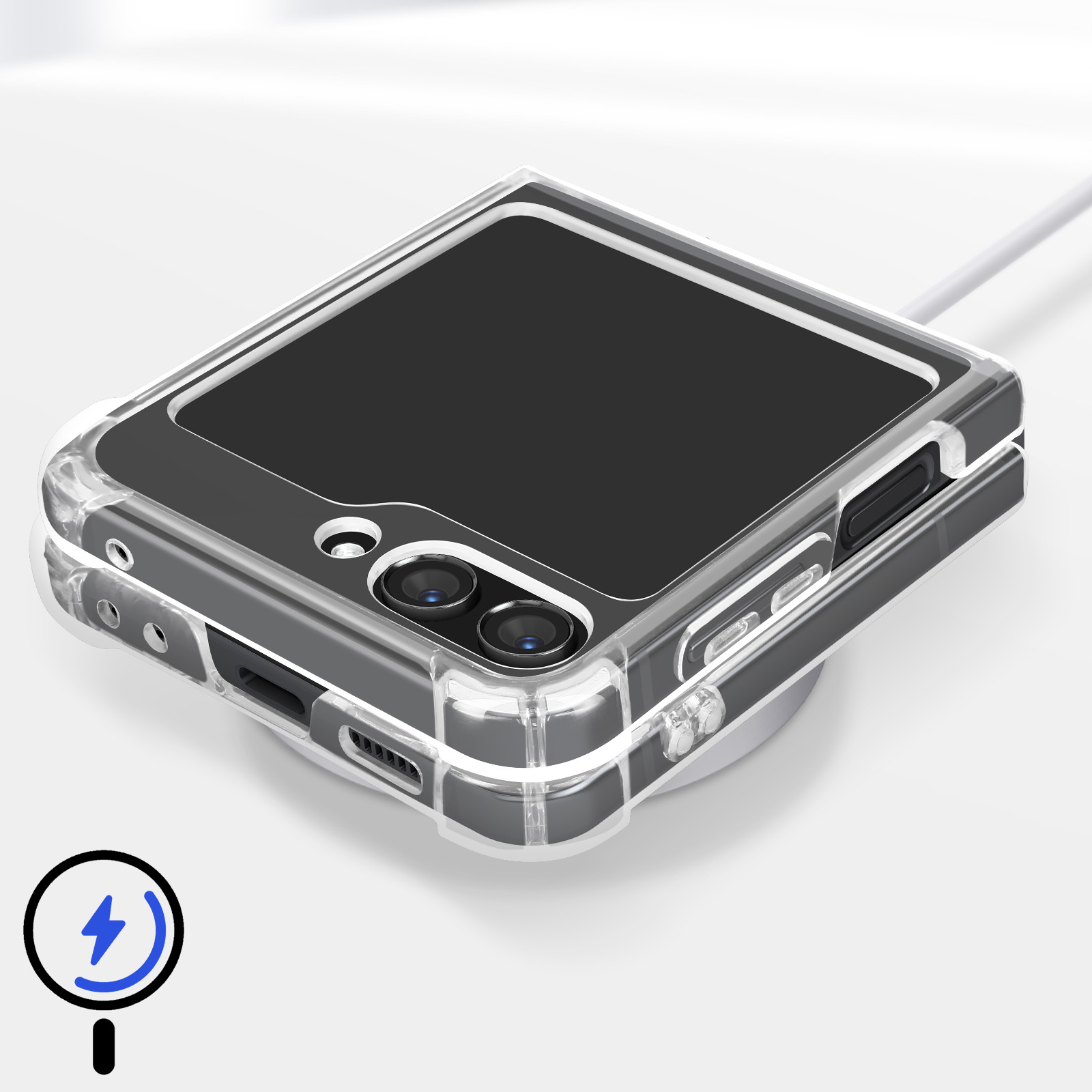 Une coque de téléphone transparente avec un téléphone sur un socle de chargement. Le téléphone est noir.