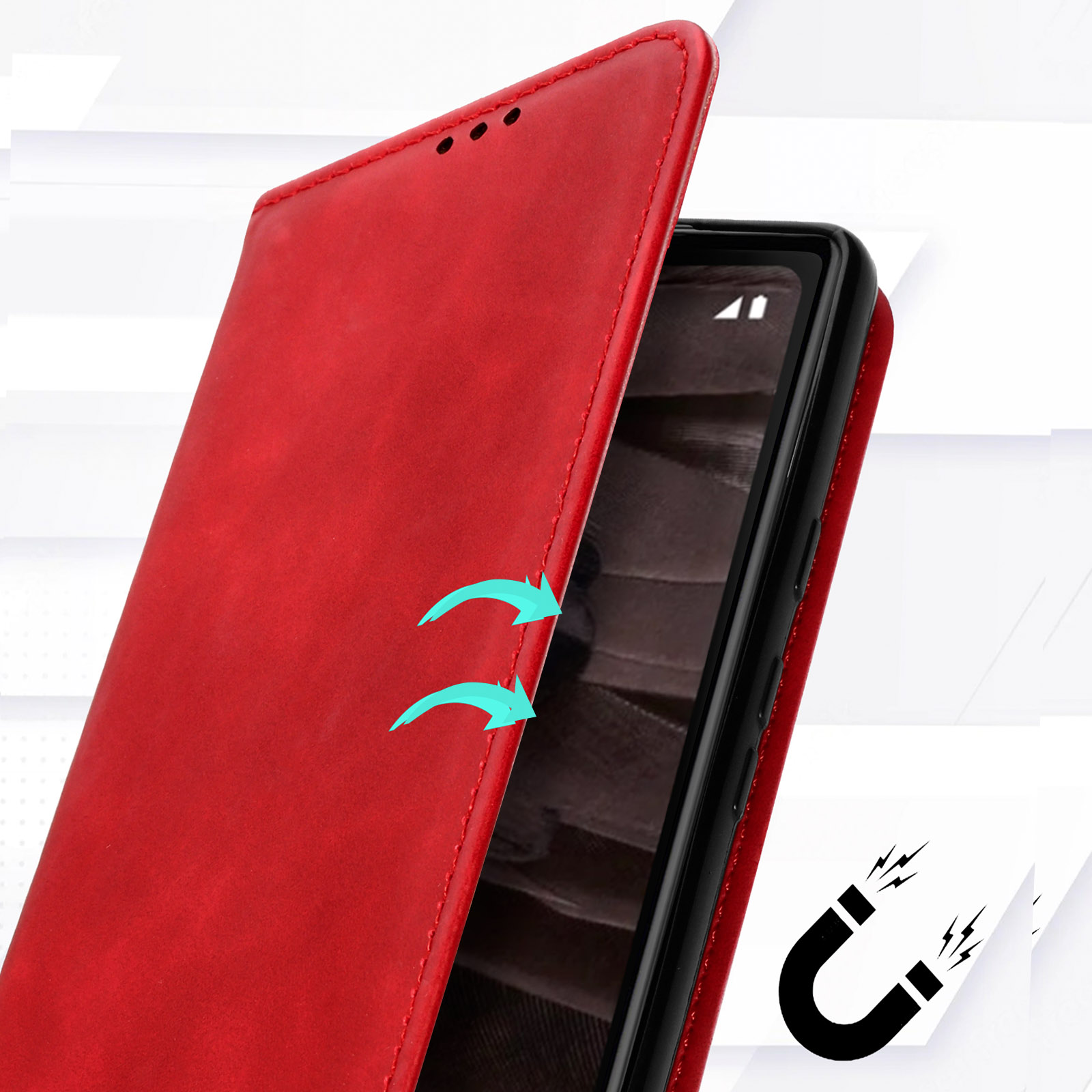 Custodia per telefono rossa aperta, che mostra lo schermo del telefono e un simbolo magnetico, frecce indicano la direzione.