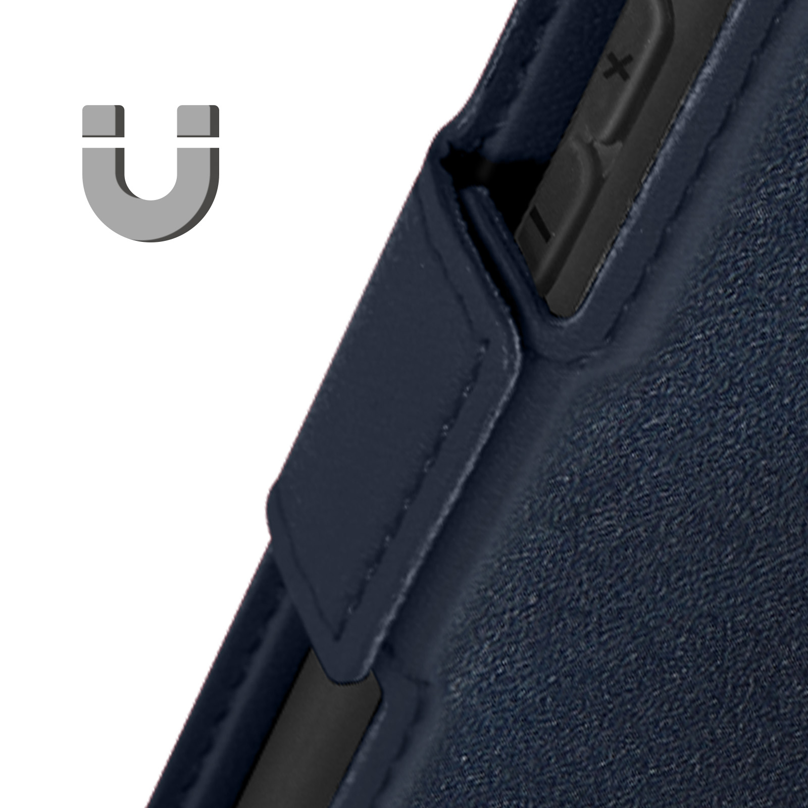 Primo piano di una custodia per telefono blu scuro con una patta e dei pulsanti. Un simbolo di magnete è presente.