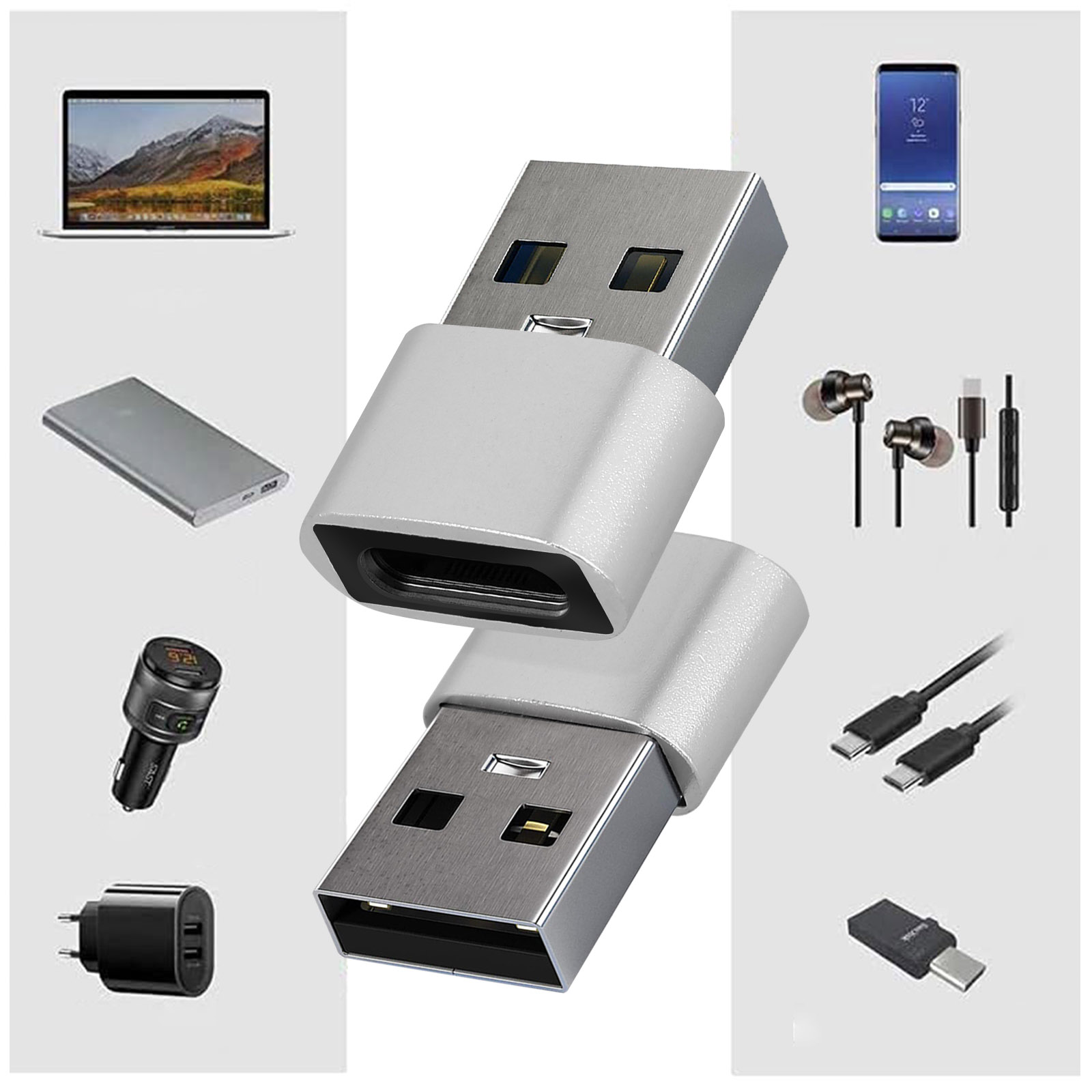 Adattatori da USB a USB-C e altri accessori tecnologici, disposti su una superficie.