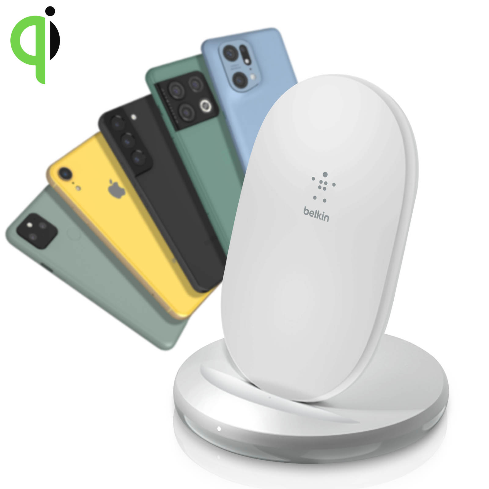 Ein kabelloses Ladegerät mit Telefonen in verschiedenen Farben dahinter.