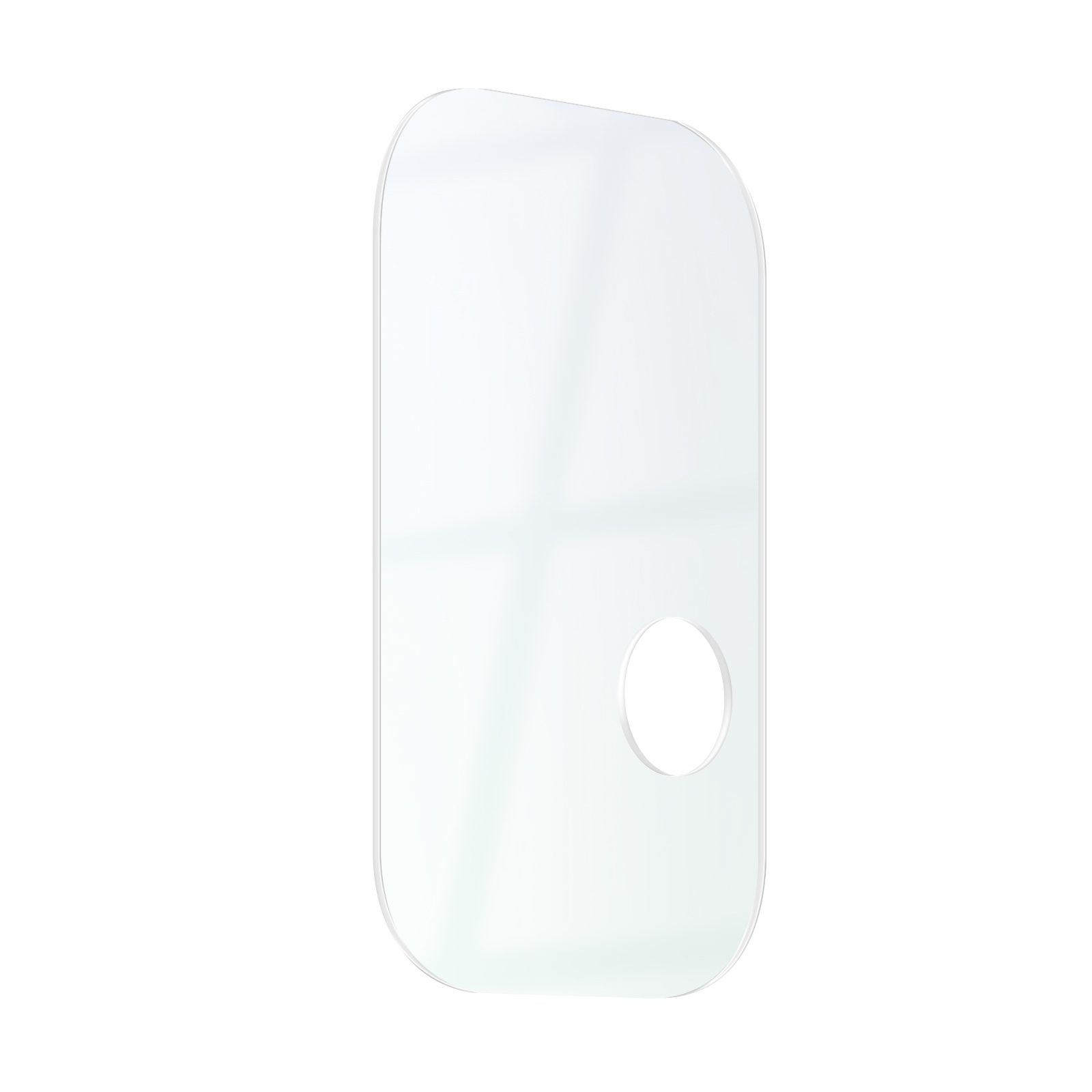 Un protector de pantalla transparente para un teléfono. Tiene un recorte para la cámara.