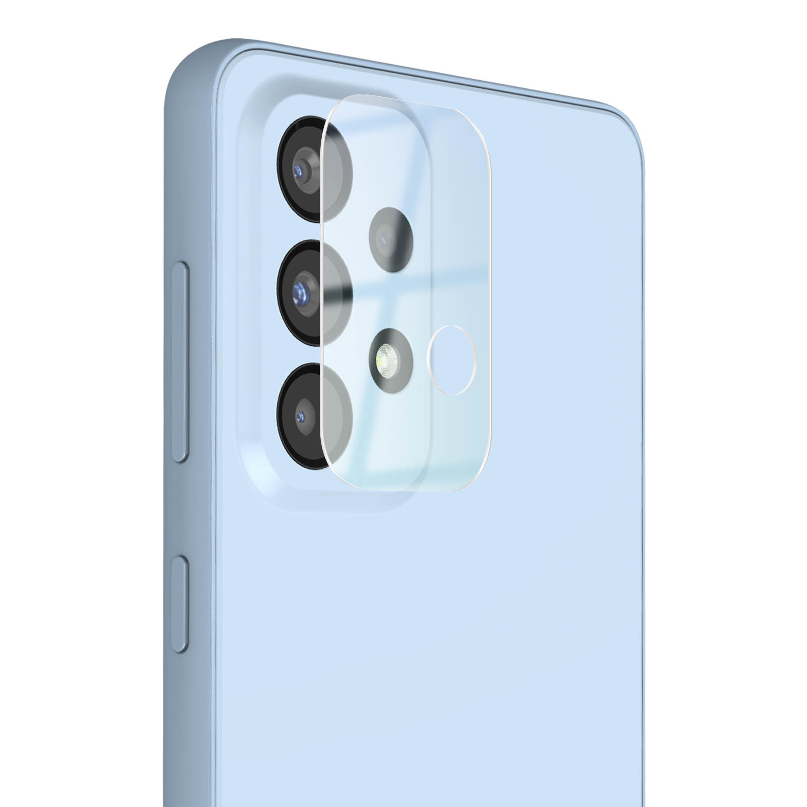 Un teléfono azul claro con un protector de lente de cámara transparente instalado.