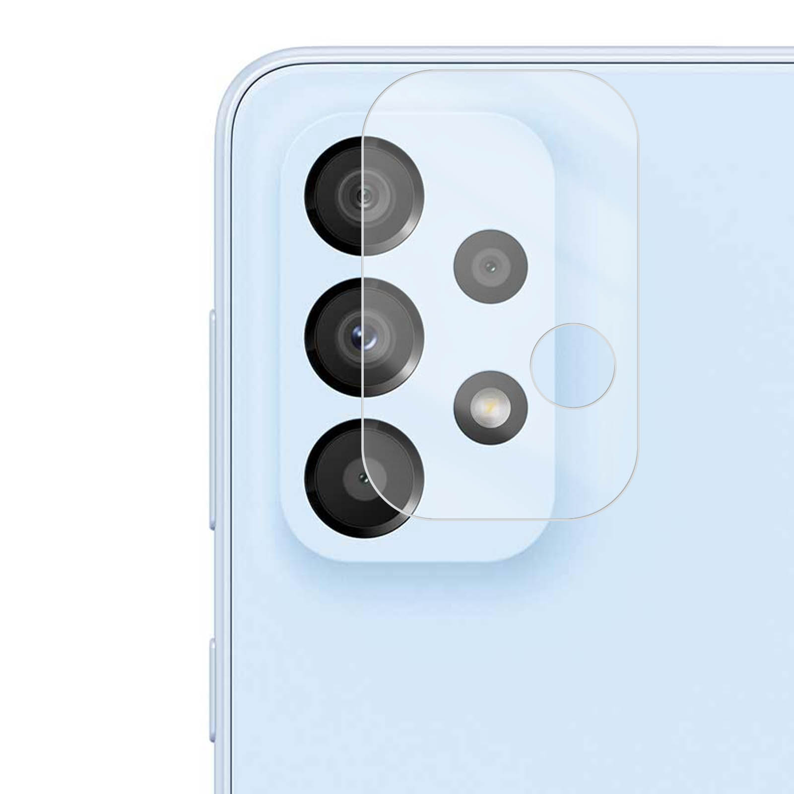 Un protector de lente de cámara transparente en un teléfono azul claro. Tiene 4 lentes.