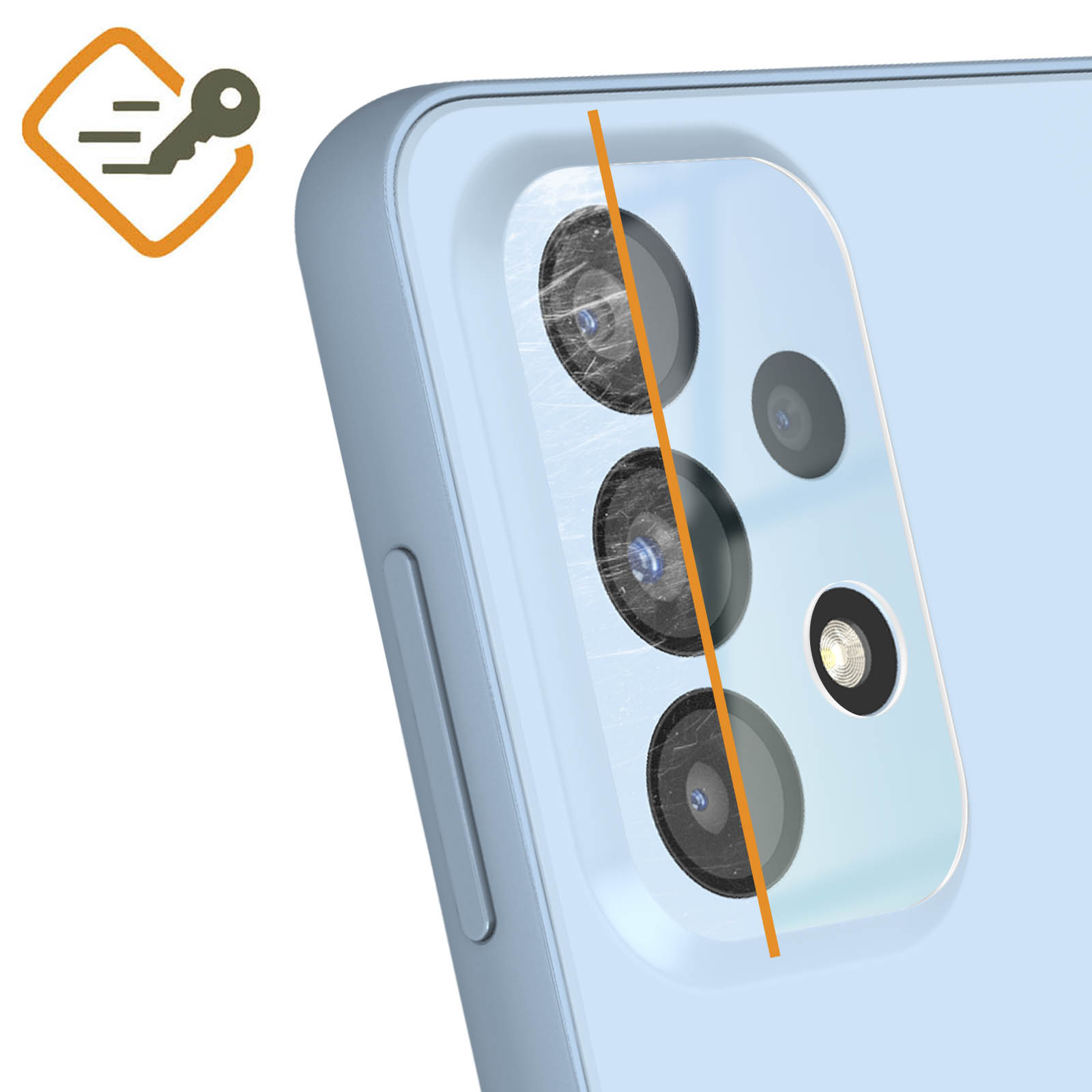 Un teléfono azul claro con arañazos en las lentes de la cámara. Un logo de llave indica la seguridad del teléfono.