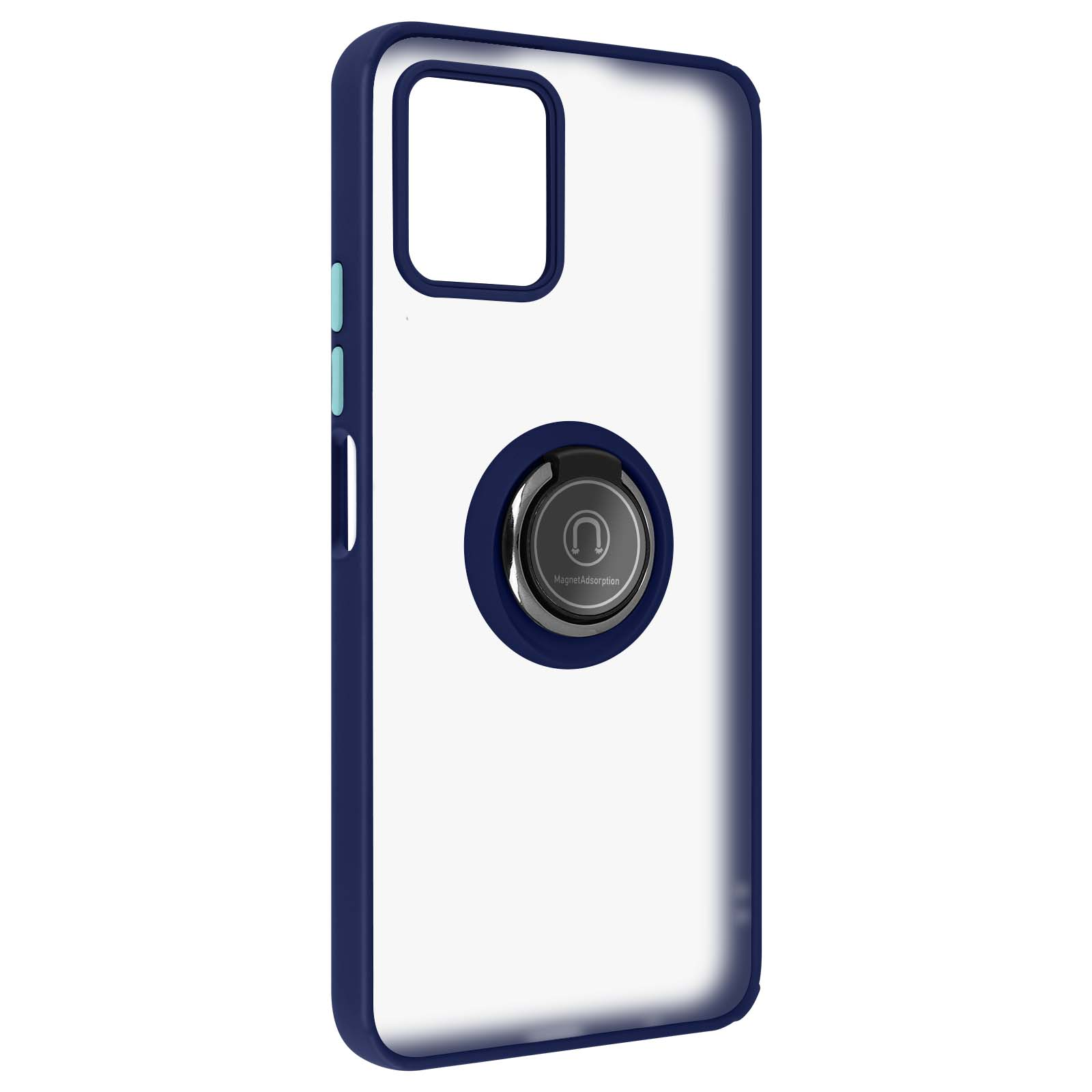 Coque de téléphone transparente avec un support d'anneau bleu. La coque contient un téléphone.