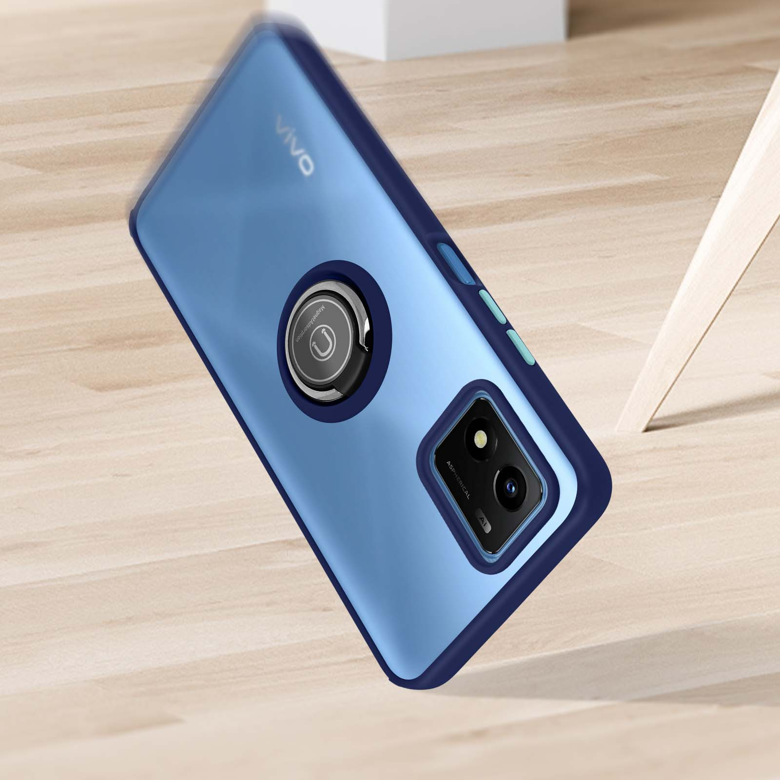 Coque de téléphone bleue avec un support d'anneau, sur une surface en bois.