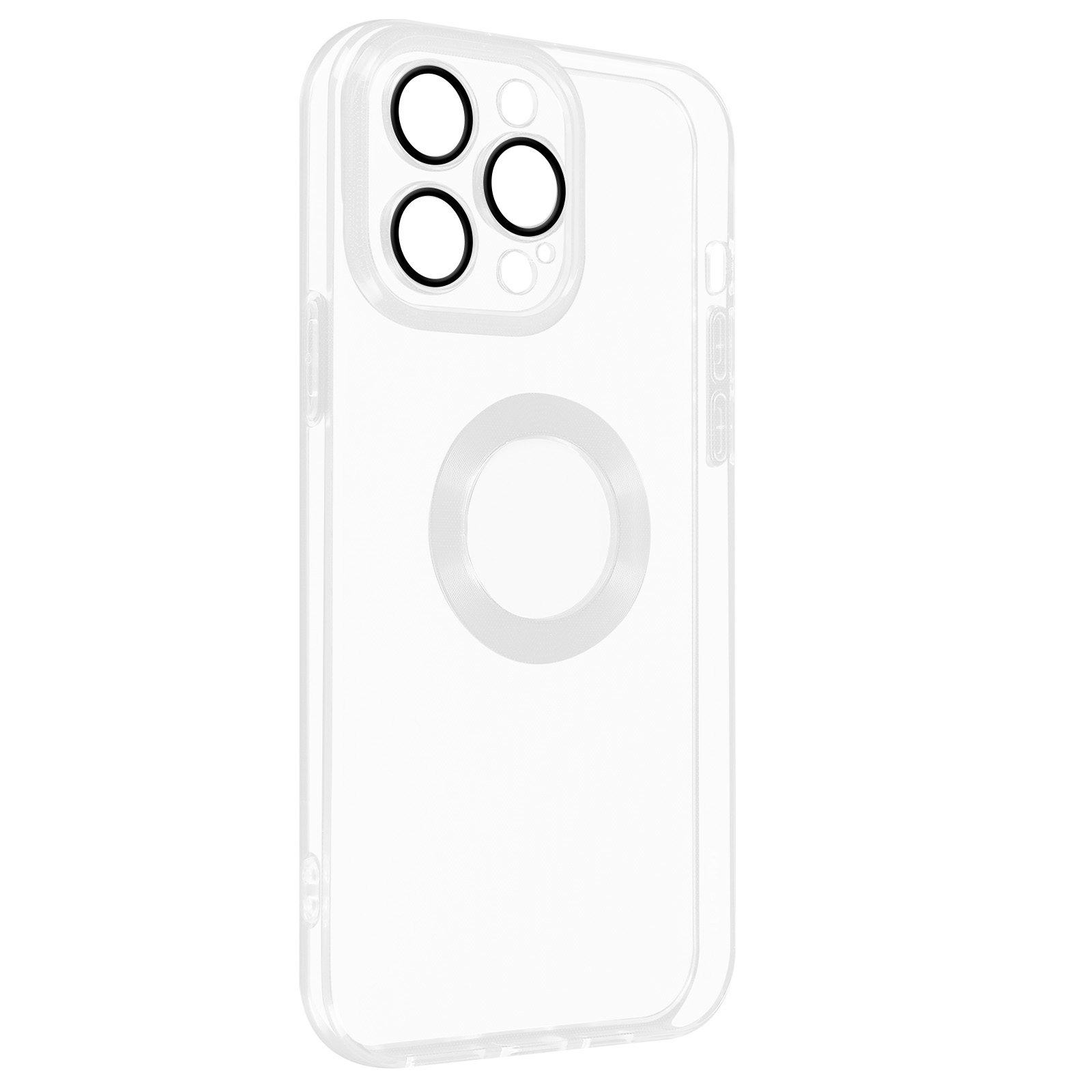 Custodia trasparente per telefono con anelli della fotocamera. Lo sfondo è bianco.
