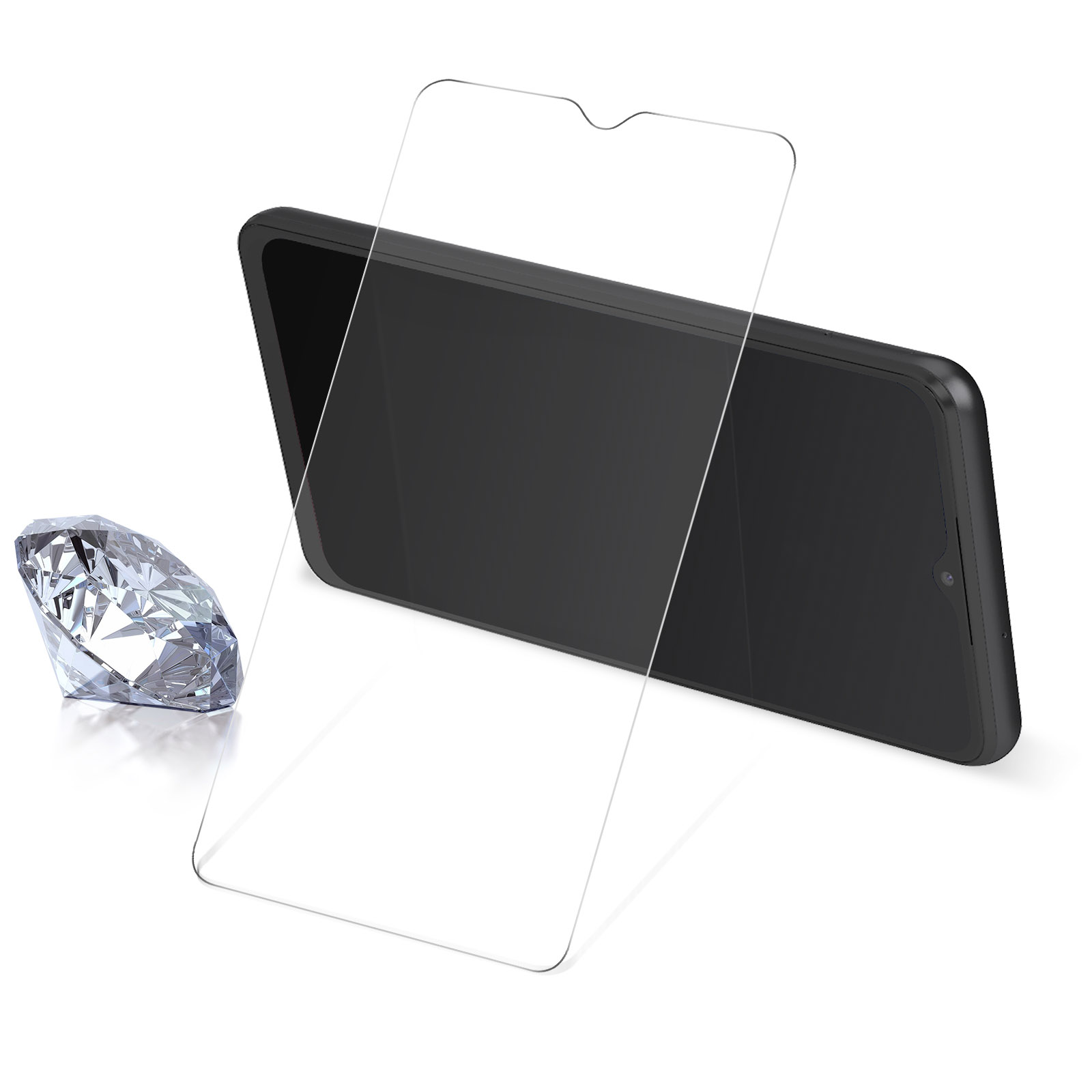 Een schermbeschermer naast een telefoon en een diamant. Alles op een wit oppervlak.