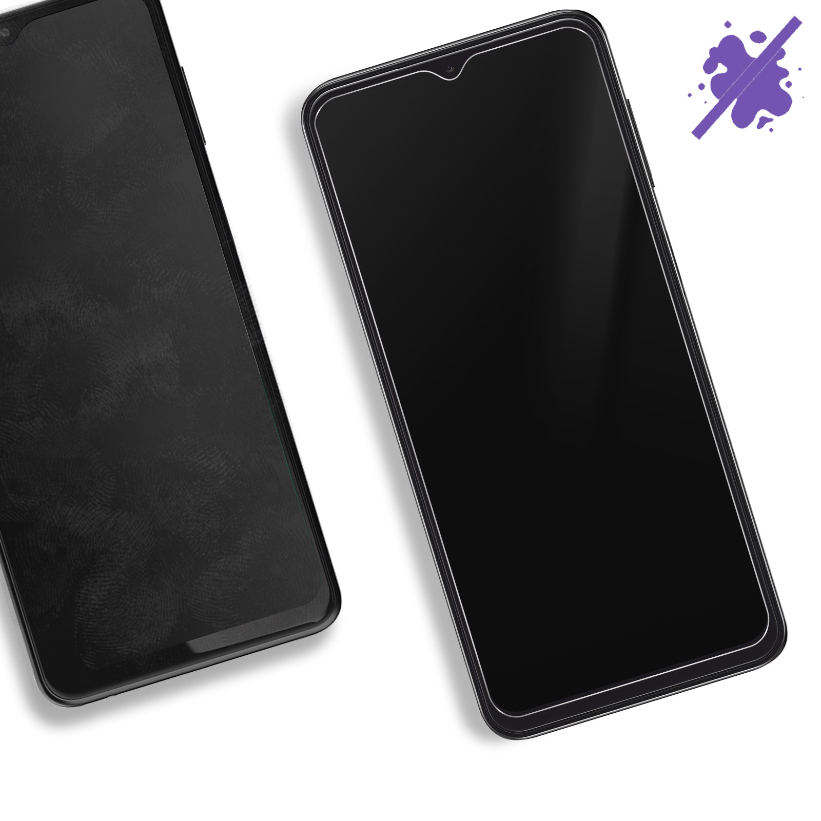 Twee zwarte schermbeschermers. Eén op een telefoon, de andere ernaast met een paarse vlek-icoon.