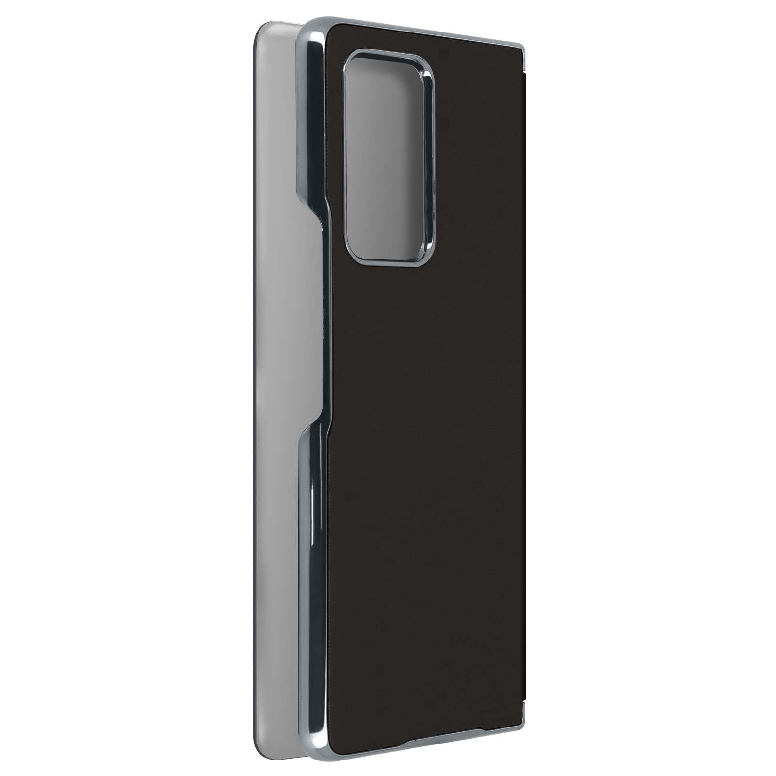 Custodia per telefono con cornice argentata e retro nero. Vista laterale.