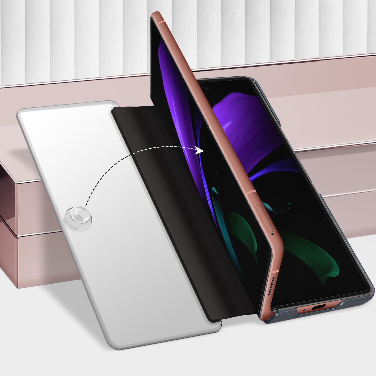 Una custodia per telefono è attaccata a un telefono. Il telefono è in posizione piegata. Lo sfondo è color oro rosa.
