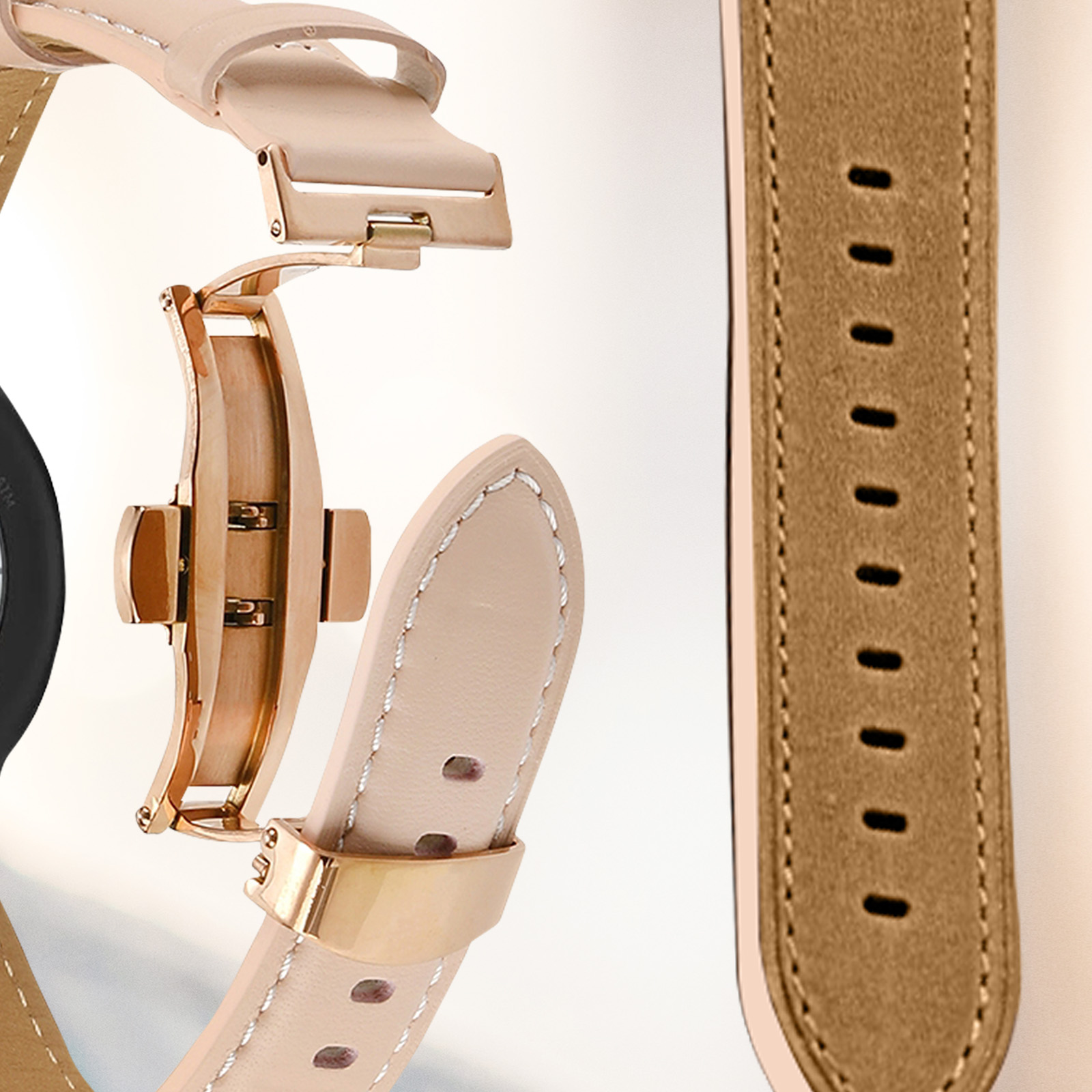 Correa de reloj beige con cierre de oro rosa y correa de cuero marrón.