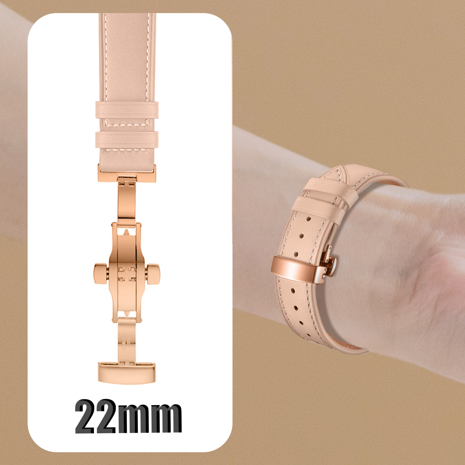 Correa de reloj de cuero beige, con cierre oro rosa y texto 22mm.