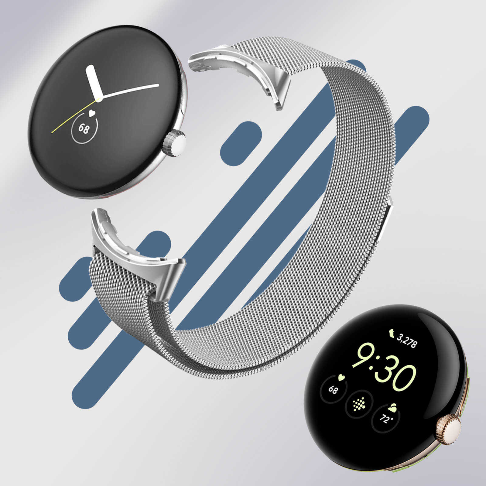 Dos relojes inteligentes y una correa de malla plateada. Las esferas muestran la hora y la batería, sobre fondo claro.