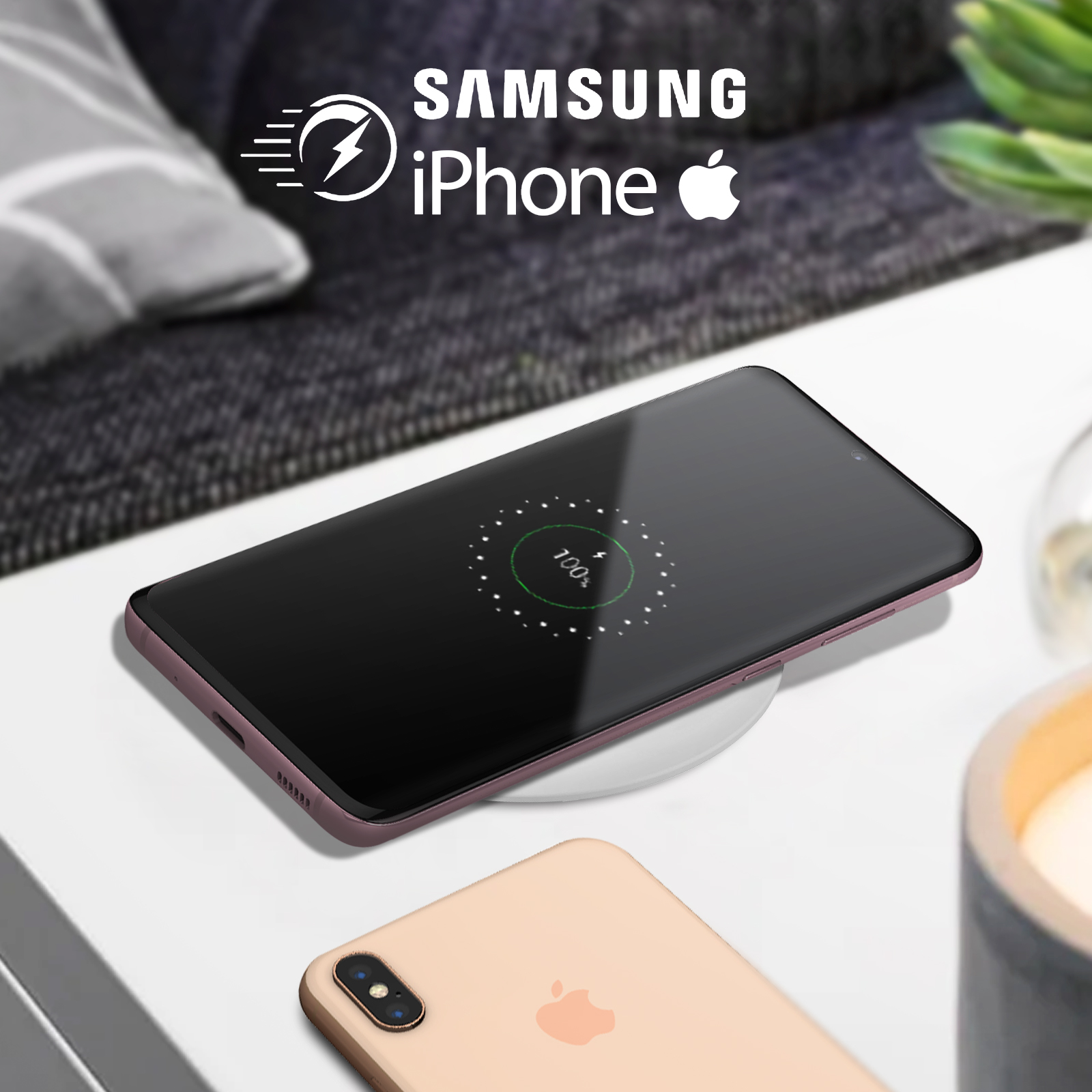 Ein Telefon, das auf einem weißen Pad geladen wird. Ein iPhone befindet sich darunter. Samsung- und iPhone-Logos werden angezeigt.
