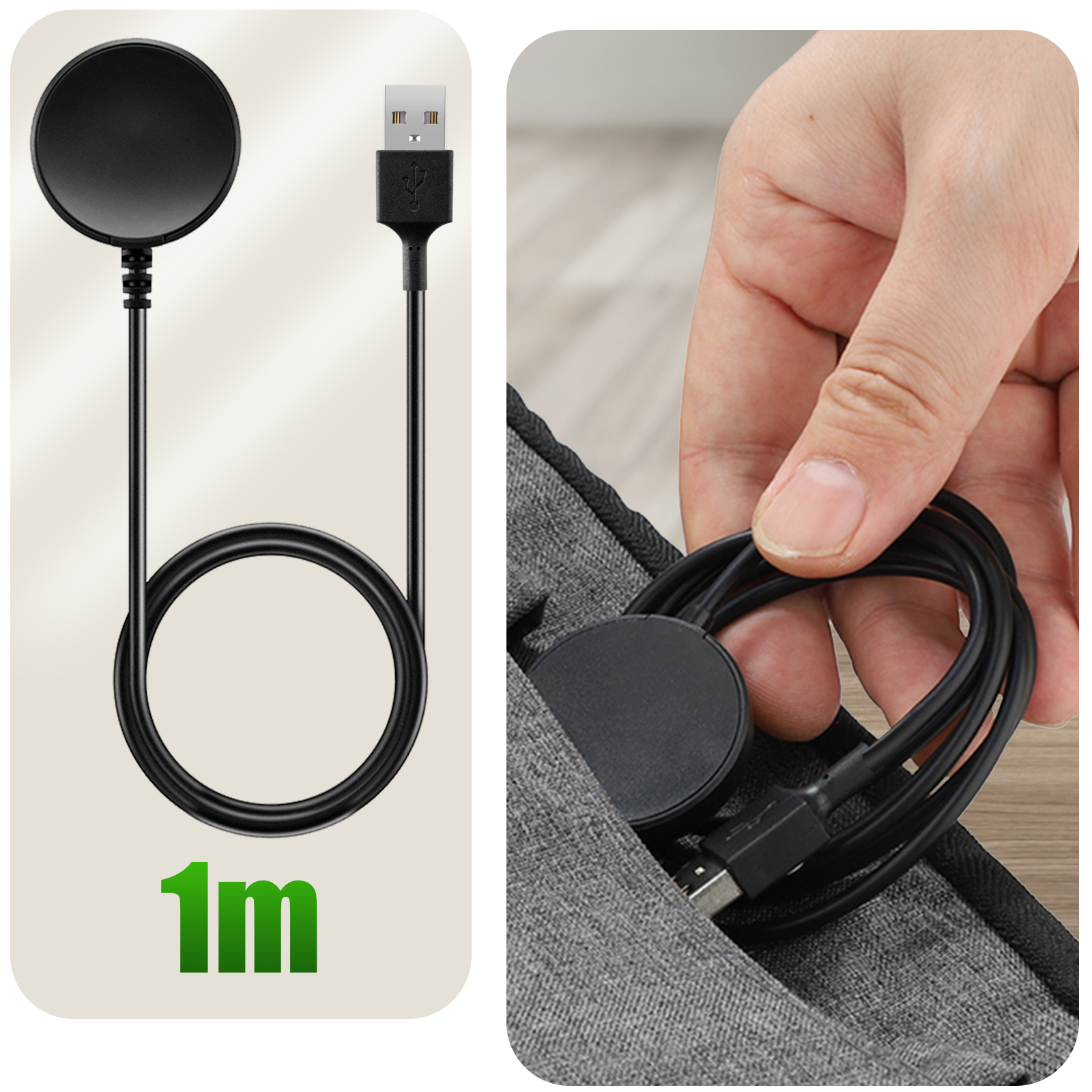 Cargador de reloj con almohadilla. El cable mide 1 metro. Mano sosteniendo el cargador.