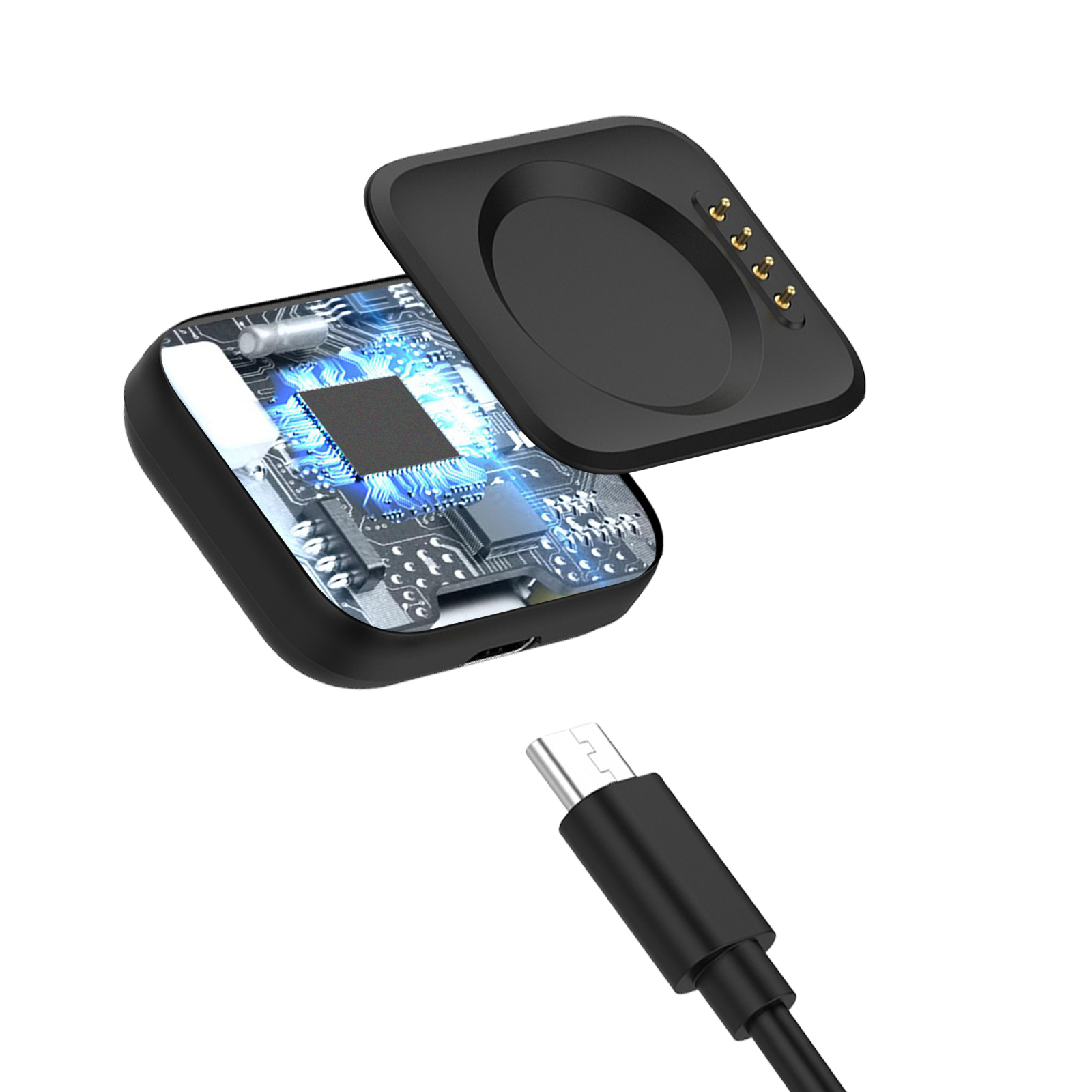 Componenti elettronici con un cavo di ricarica collegato.