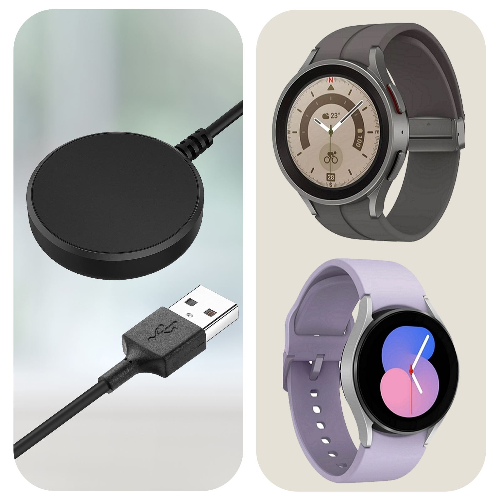 Un smartwatch con correa gris, base de carga y cable USB. Se muestran dos smartwatches.