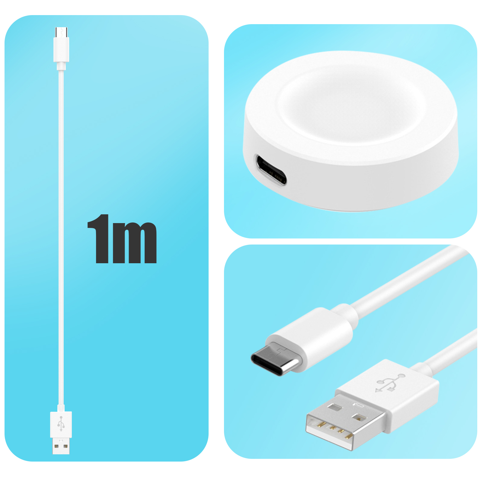 Ein weißes Ladekabel mit USB- und USB-C-Anschluss. Das Kabel ist 1 Meter lang.