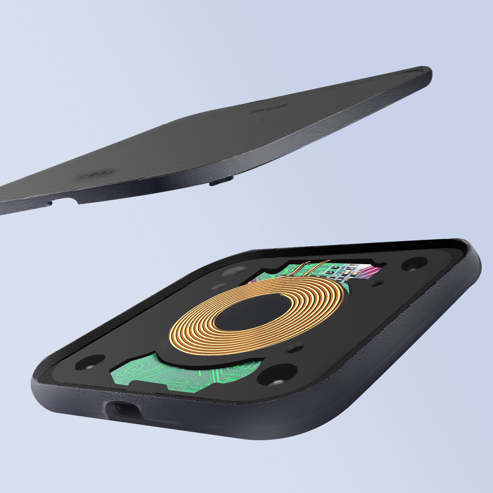 Una funda de teléfono con una bobina en su interior. La funda del teléfono está abierta. El fondo es azul.